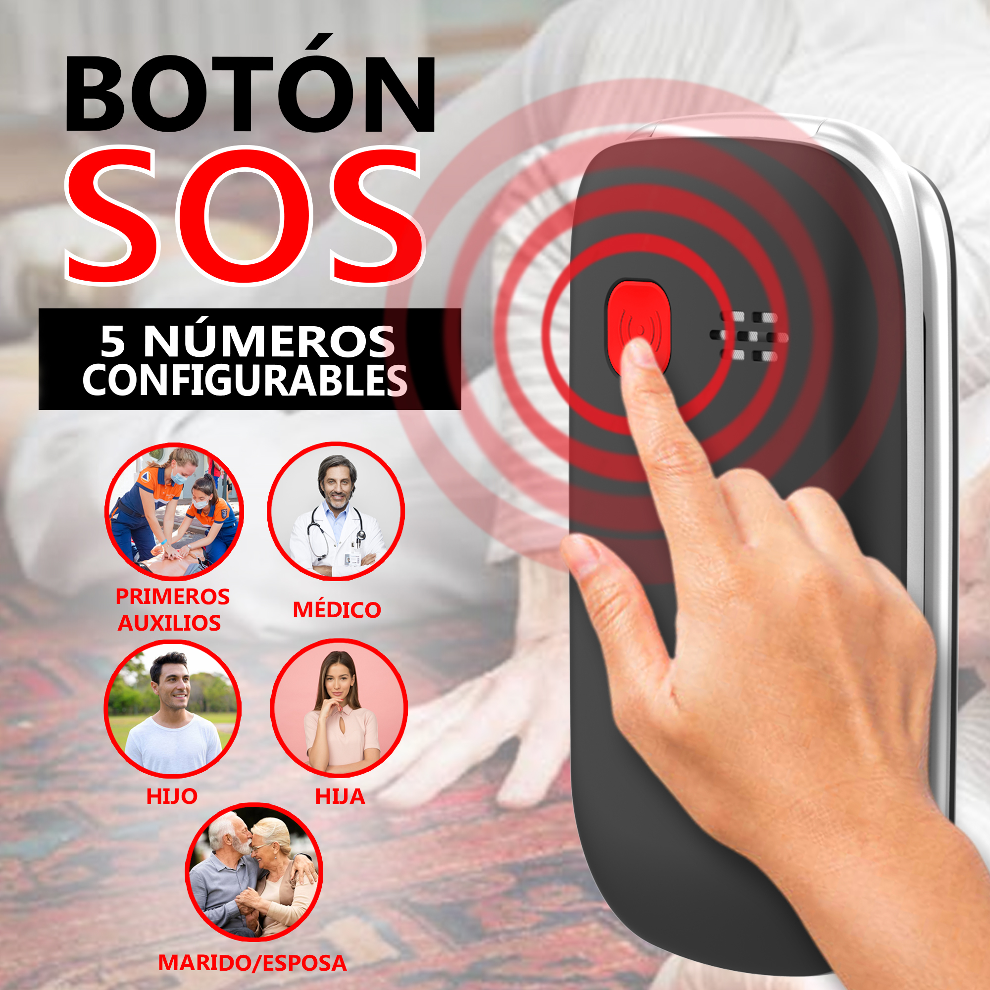 La imagen muestra una mano presionando un botón SOS rojo en un dispositivo. El texto dice 'Botón SOS' y '5 números configurables'.