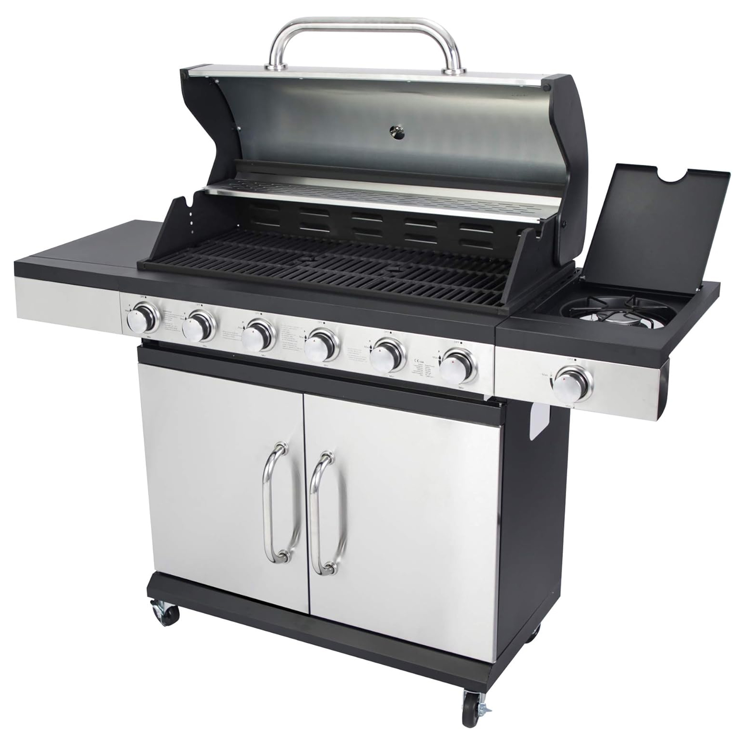 Gasgrill aus Edelstahl mit offenem Deckel. Er hat einen Seitenbrenner, Bedienknöpfe und Schranktüren. Schwarze und silberne Farben.