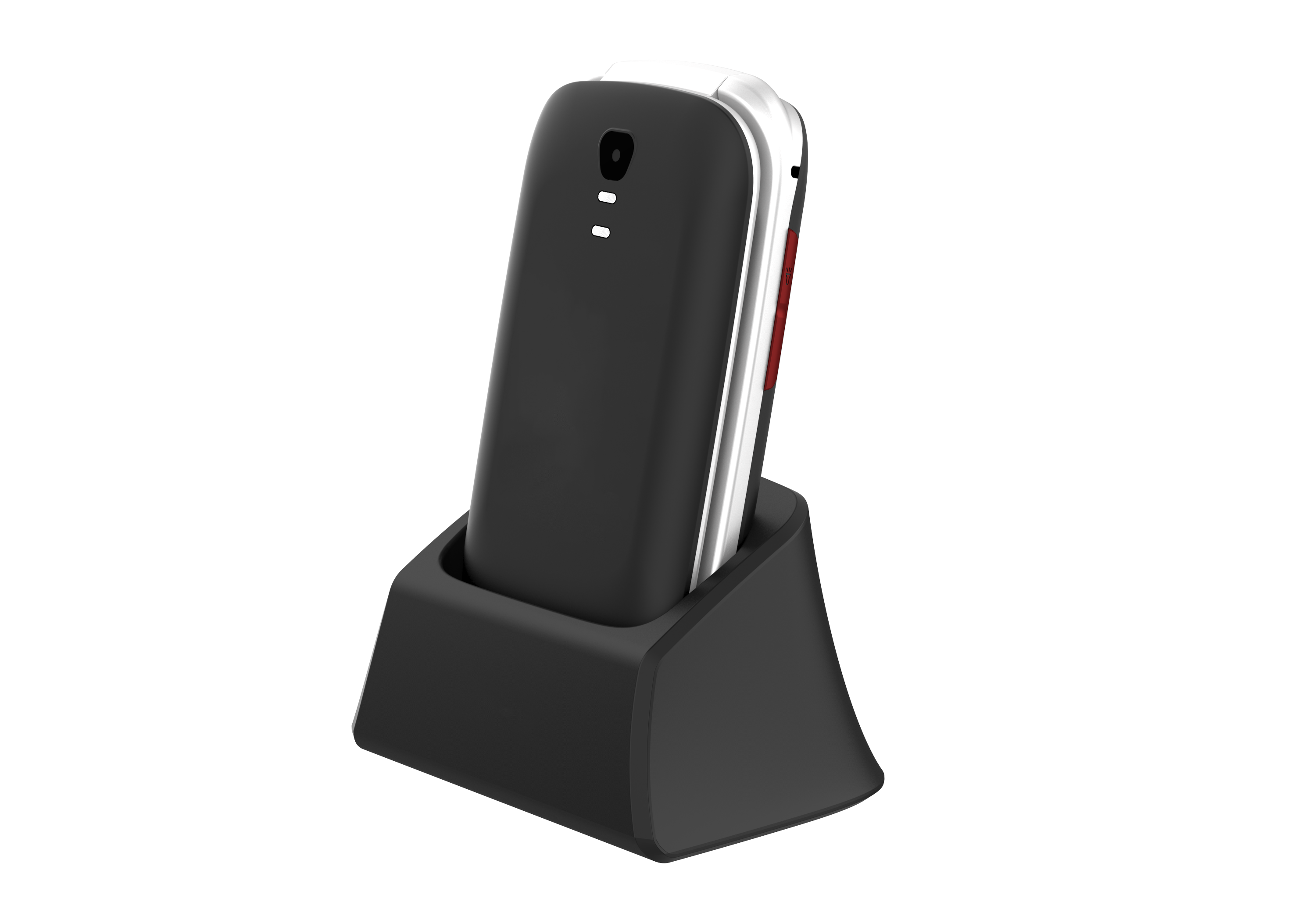Un teléfono negro descansa en una base de carga negra sobre un fondo negro. El teléfono es plateado y rojo.