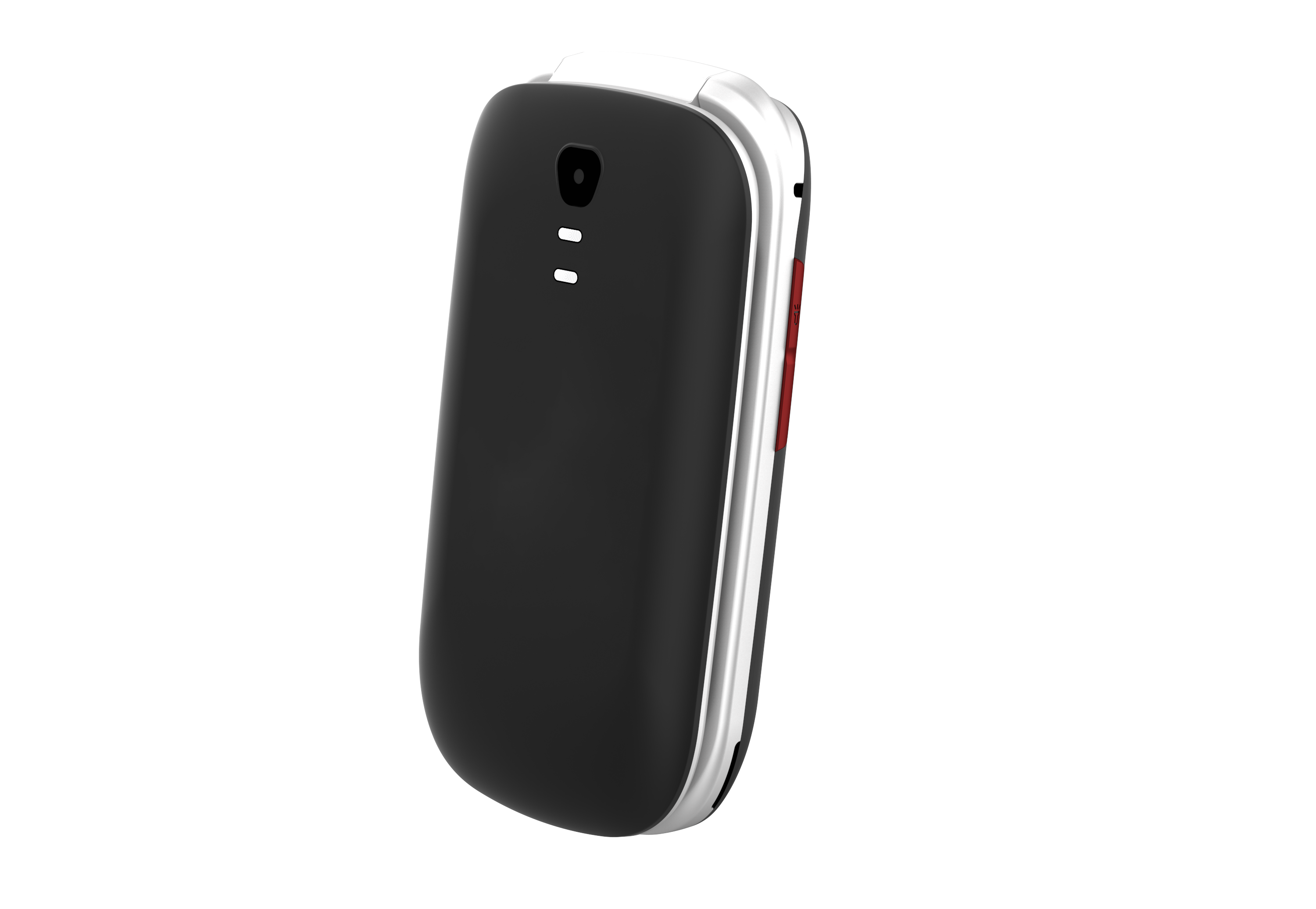 Un teléfono plegable negro con marco plateado se muestra sobre un fondo negro. Tiene una cámara y dos luces.