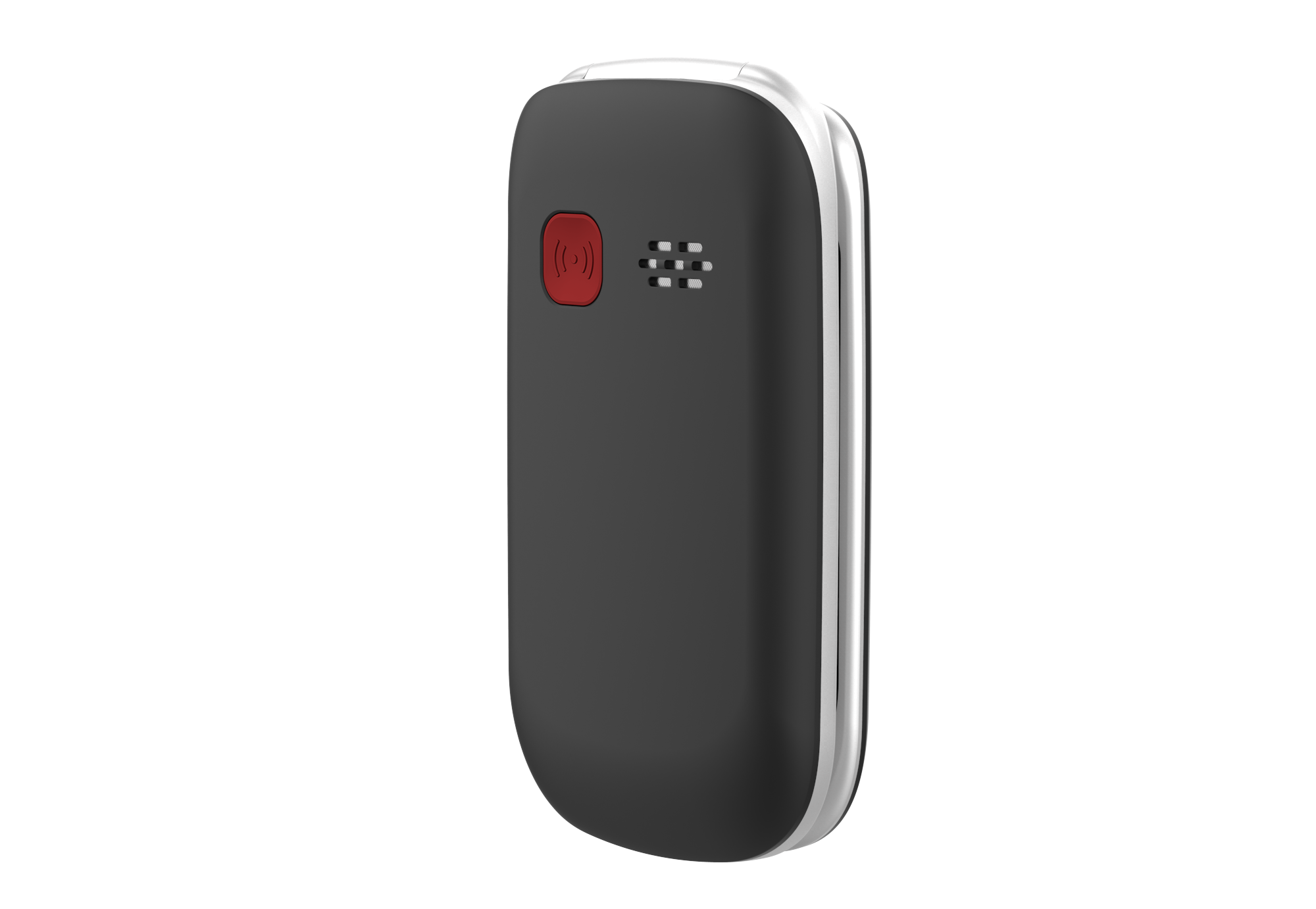 Un teléfono plegable negro y plateado con un botón rojo y un altavoz. El fondo es blanco.
