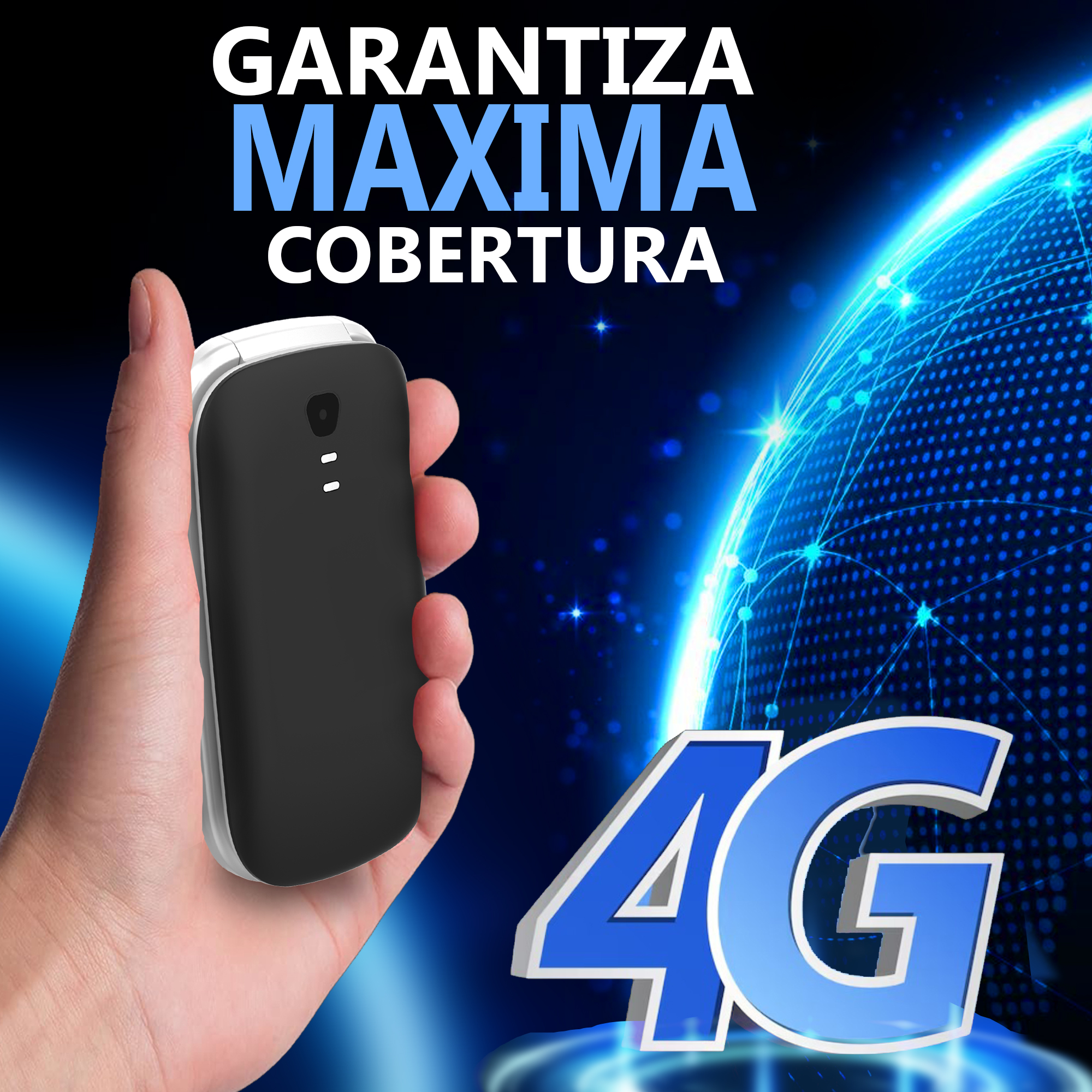 Mano sosteniendo un teléfono blanco y negro con logo 4G y fondo de globo. Texto: MAXIMA COBERTURA.