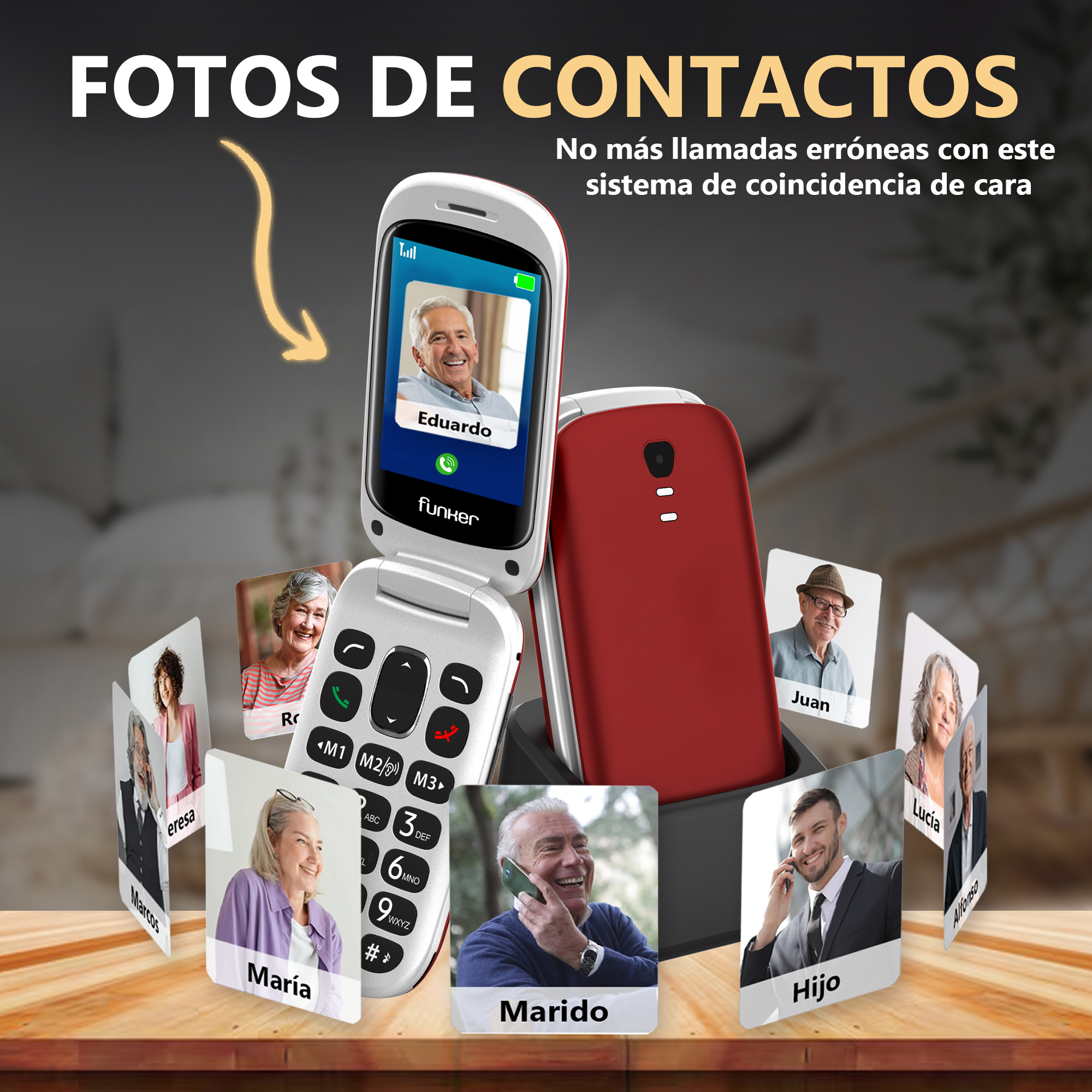 Teléfono plegable con fotos de contactos. Muestra a Eduardo, un hombre, en la pantalla. Otros contactos incluyen a María, Marido, Hijo y otros.