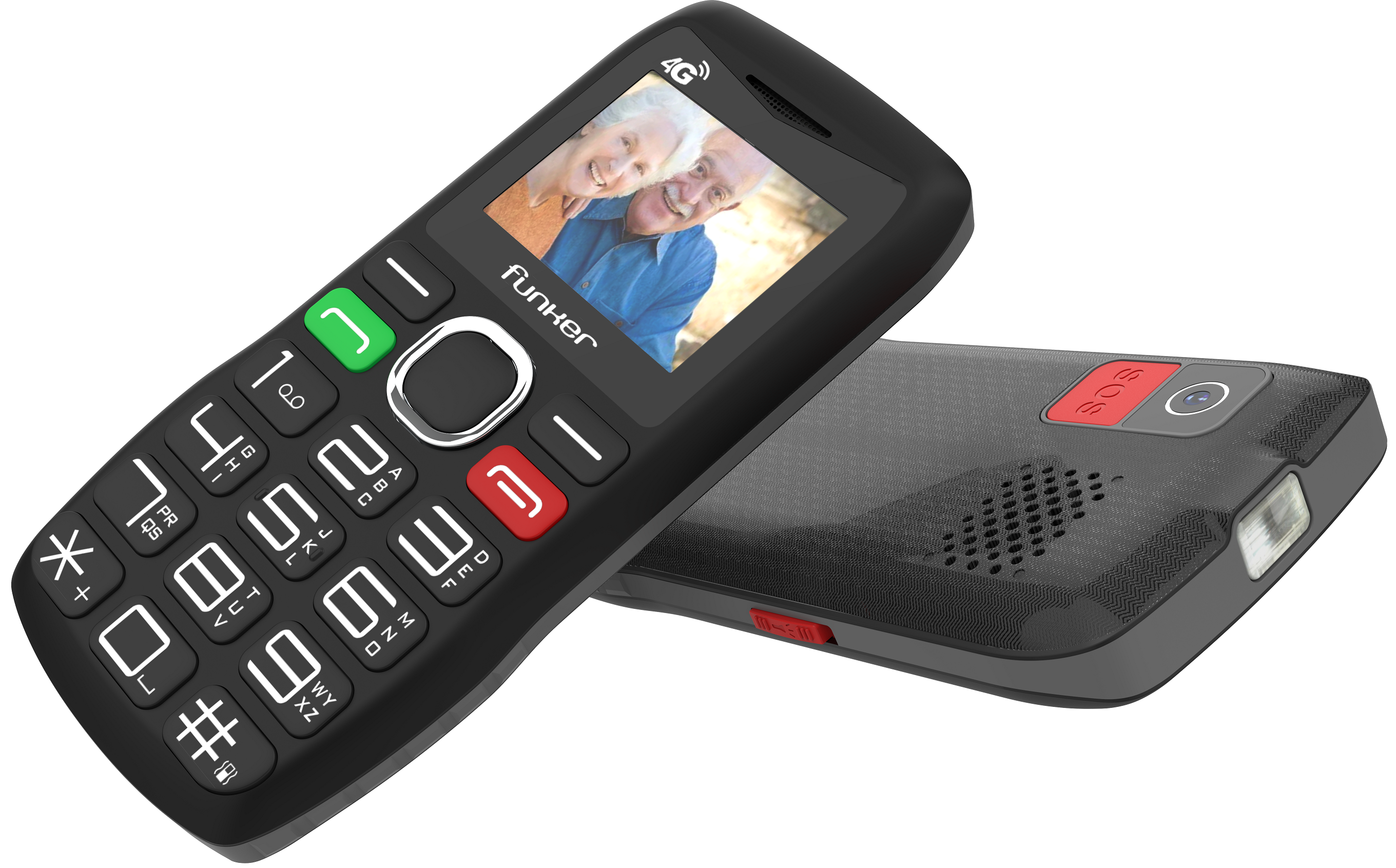 Teléfono celular negro con botones grandes. La pantalla muestra una pareja de ancianos. Otro teléfono está al lado.