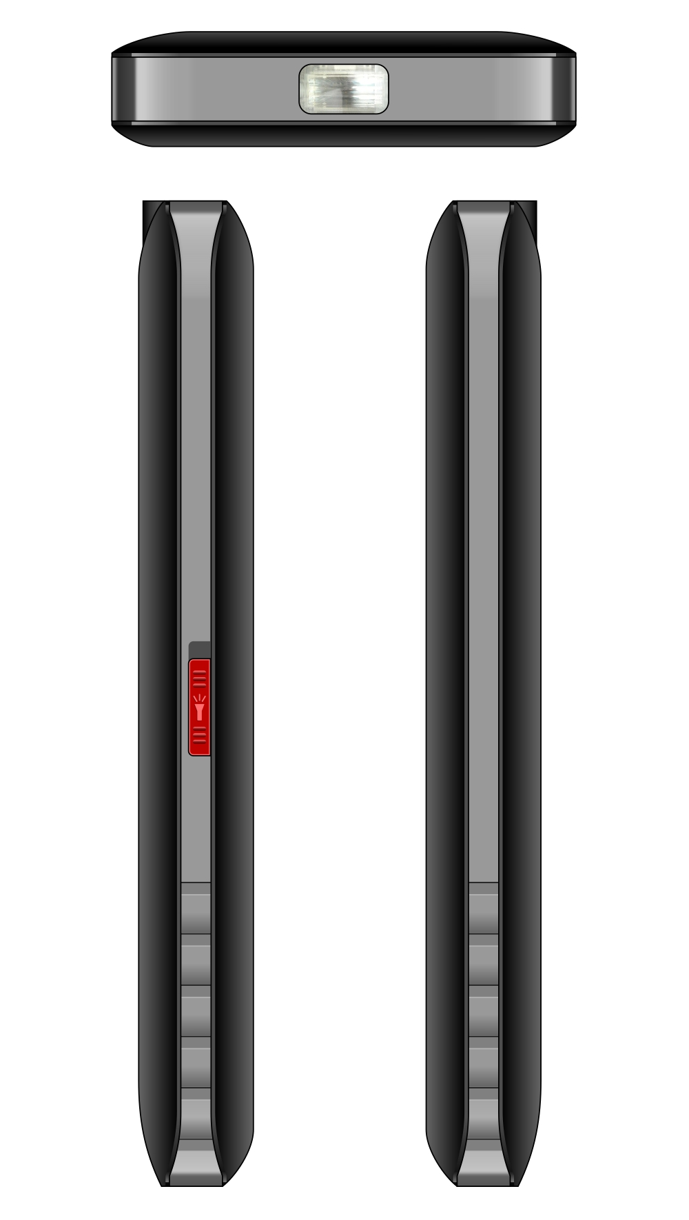 Ilustración de un smartphone negro. La vista superior muestra un flash. Dos vistas laterales muestran botones y un interruptor rojo.