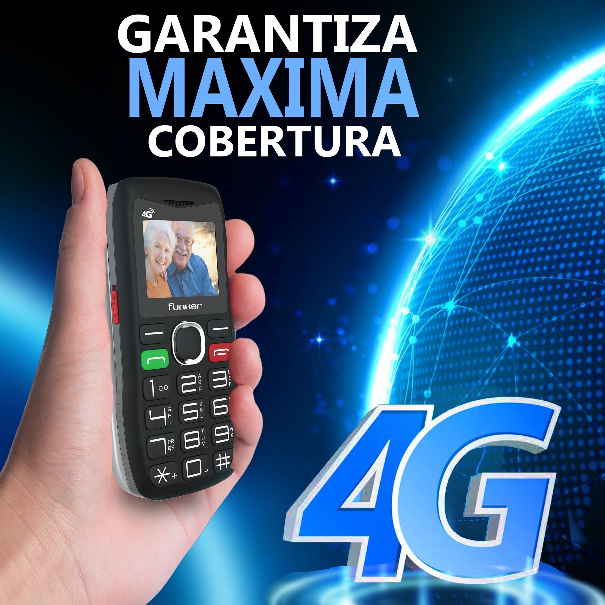 Mano sosteniendo un teléfono negro con una pantalla que muestra a ancianos. El fondo tiene un logo 4G y un globo azul.