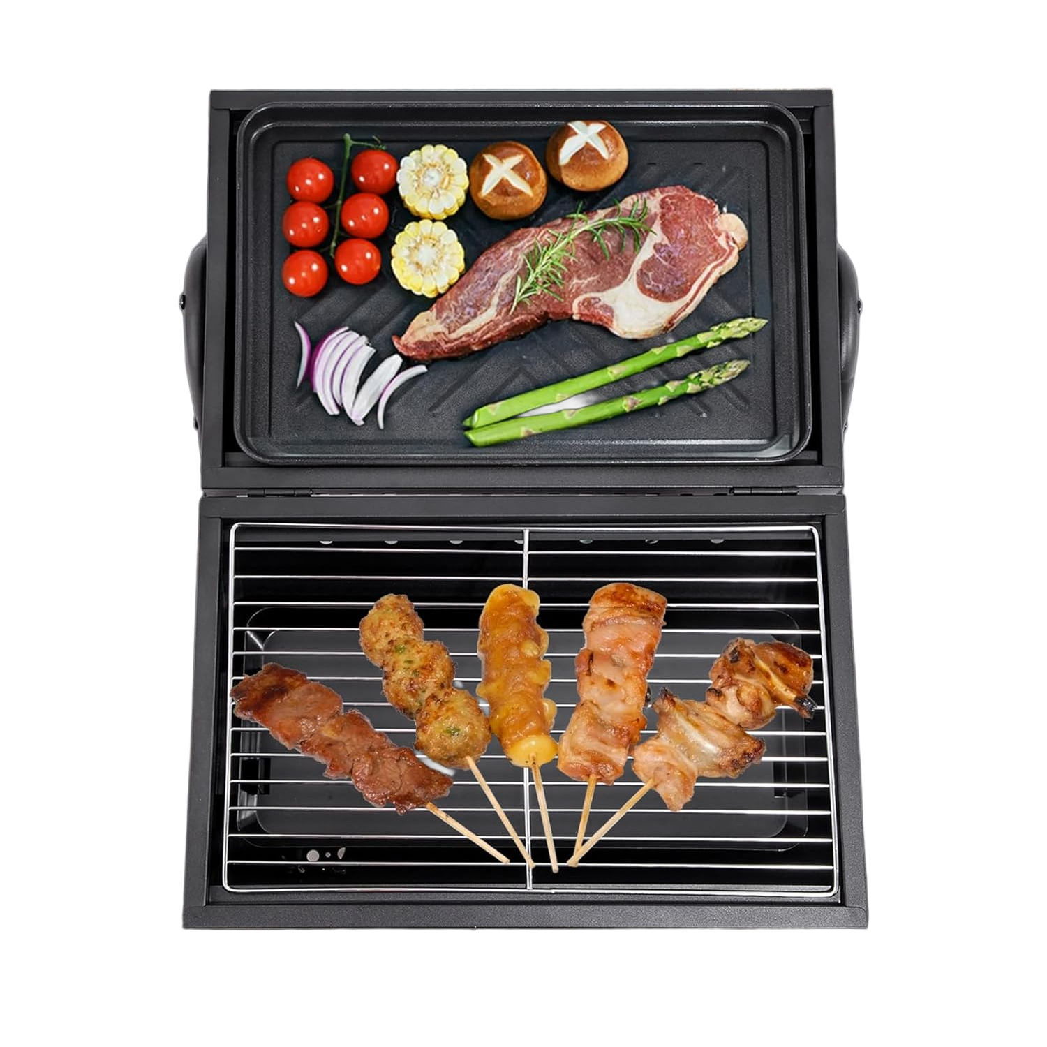 Ein schwarzer Grill mit verschiedenen Lebensmitteln: Steak, Tomaten, Mais, Spargel, Spieße mit Fleisch und Gemüse.