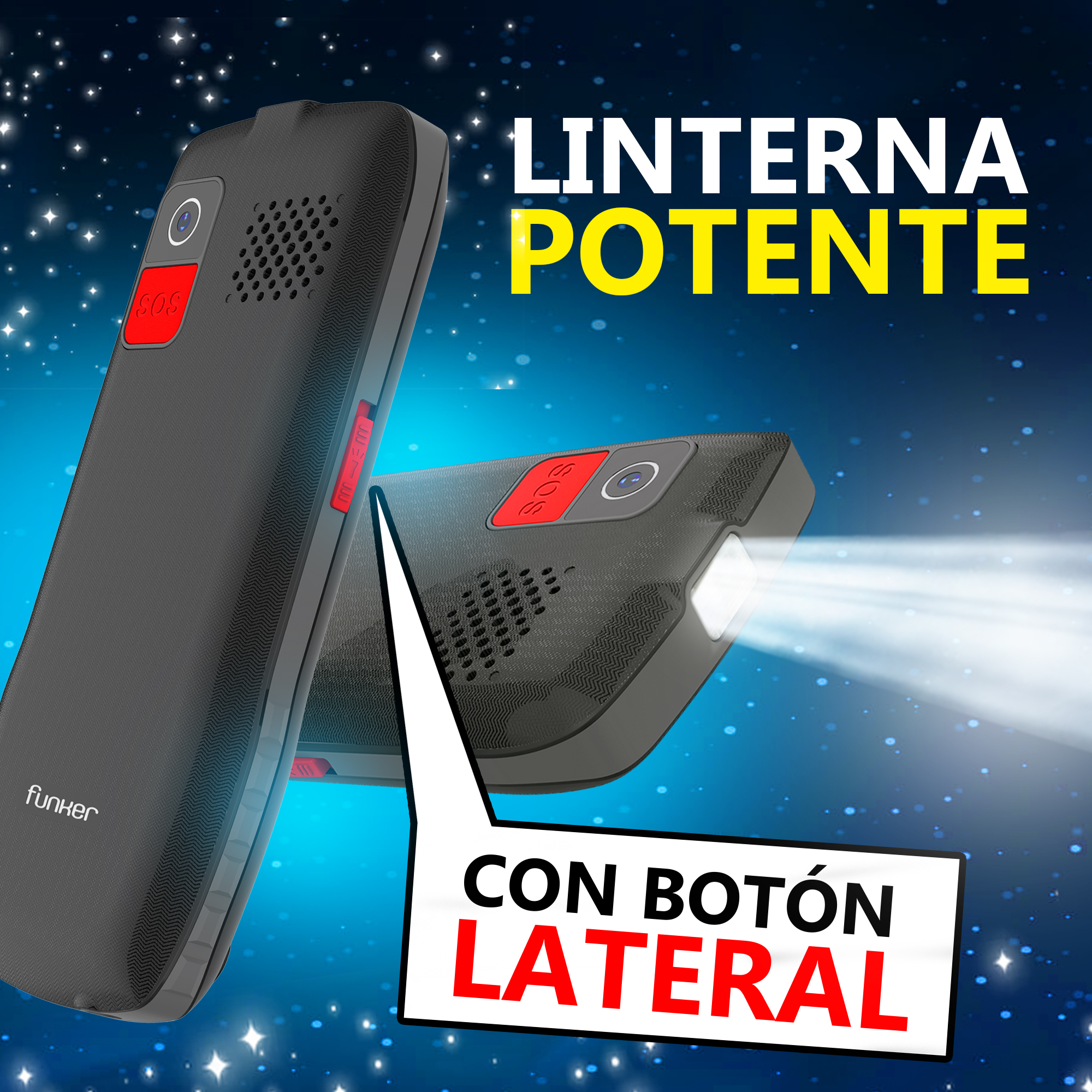 La imagen muestra dos linternas grises oscuras con un haz de luz brillante. El texto dice 'Linterna Potente' y 'Con Botón Lateral'.