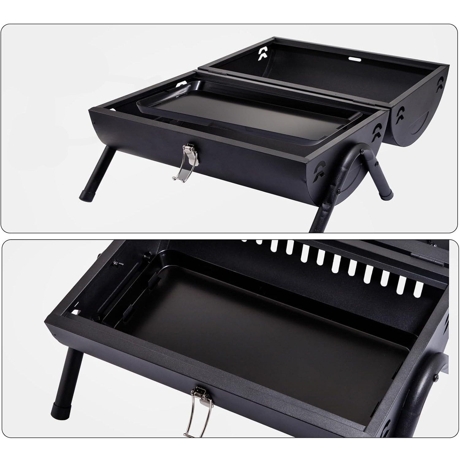 Ein schwarzer Metallgrill mit einem Tablett im Inneren. Er hat Beine und einen Griff. Der Grill ist offen und zeigt das Innere.