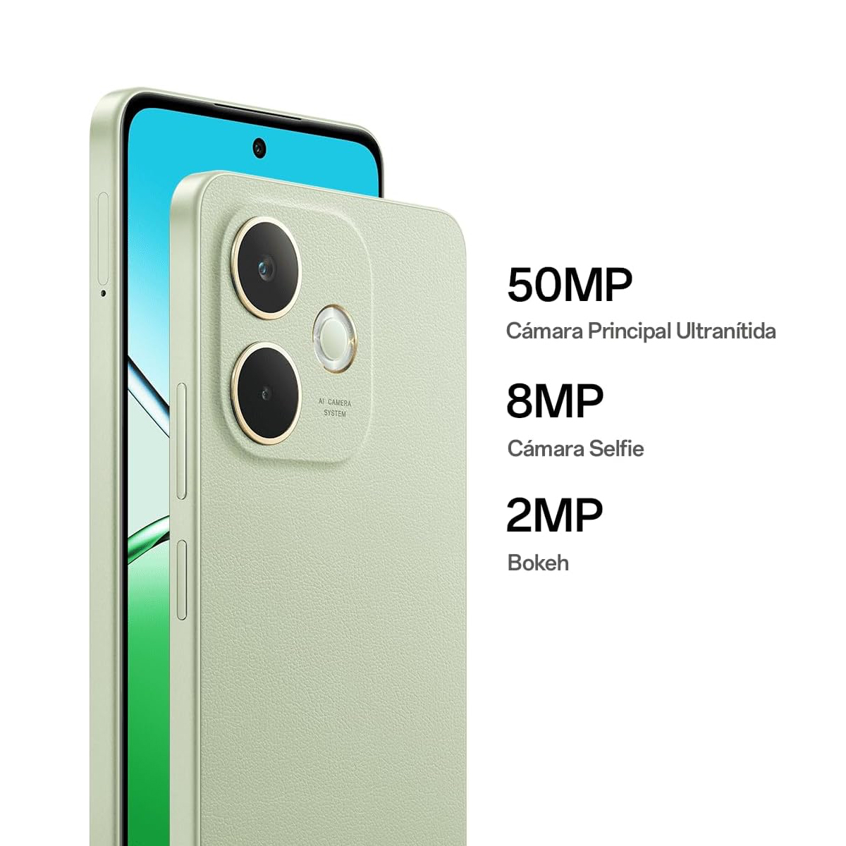 Uno smartphone verde chiaro mostra le specifiche della fotocamera: 50MP, 8MP e 2MP. Il telefono ha una configurazione a tripla fotocamera e uno schermo luminoso.