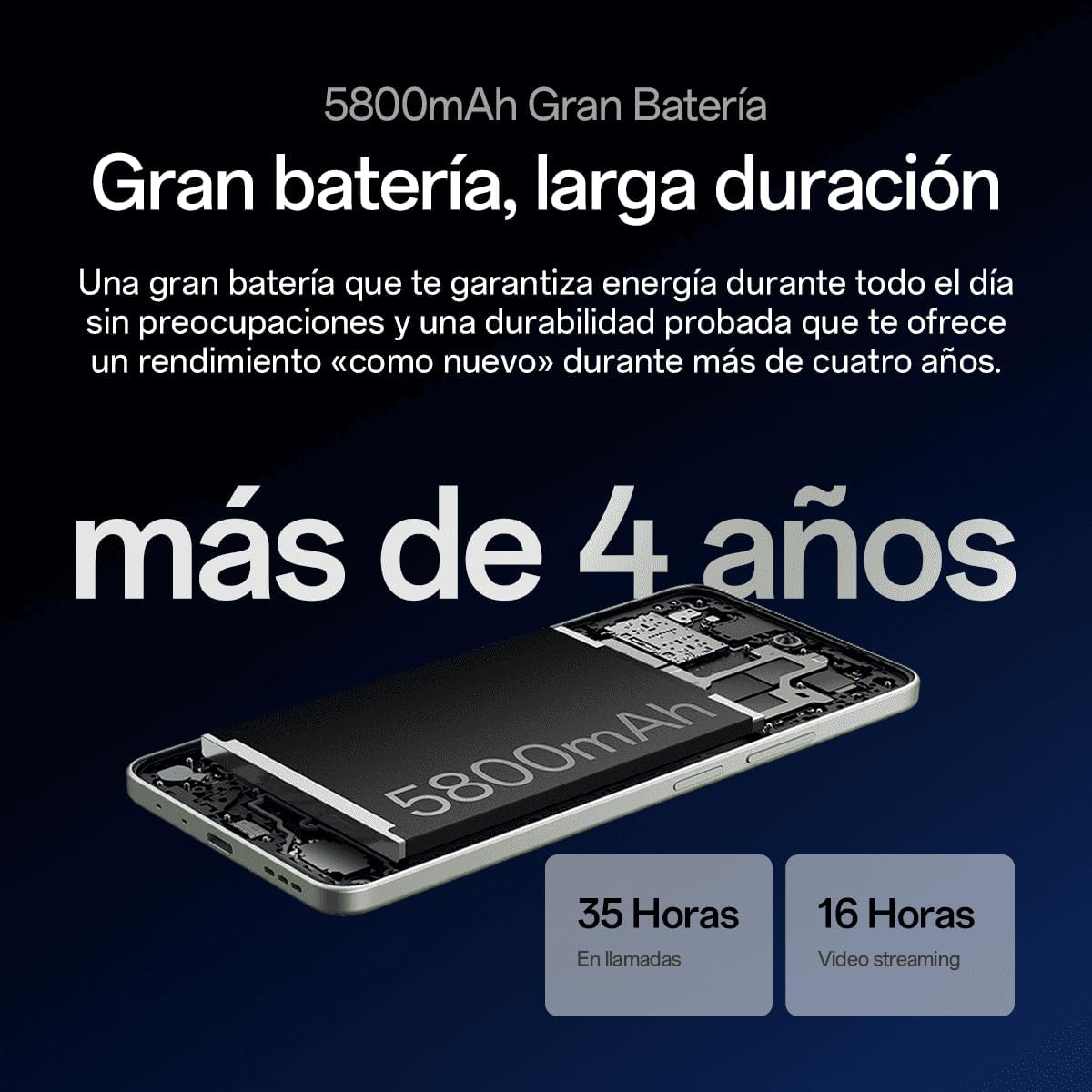 L'immagine mostra una batteria del telefono da 5800mAh, con testo sulla lunga durata della batteria, con 35 ore di chiamate e 16 ore di streaming video.