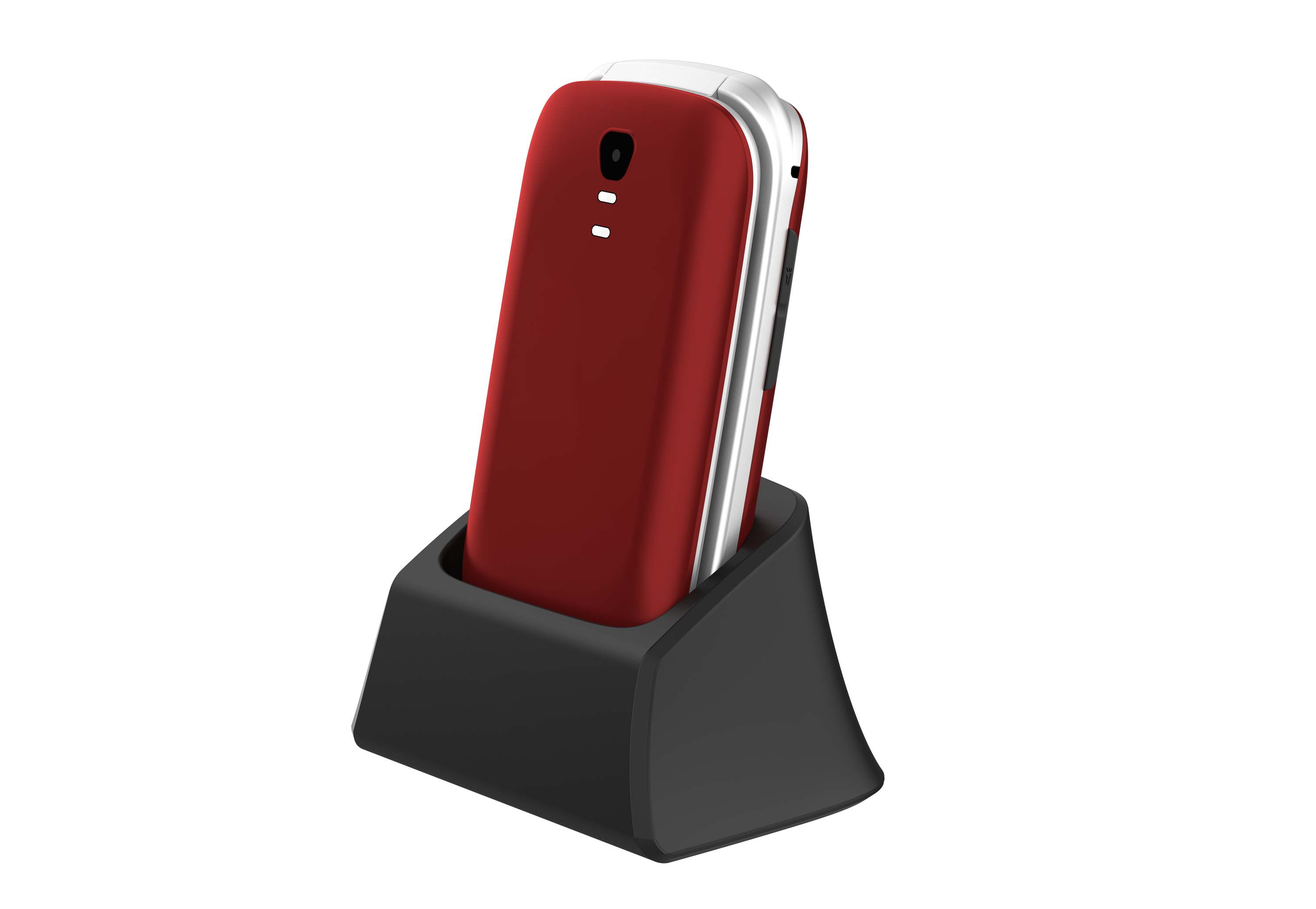 Un teléfono rojo plegable en una base de carga negra sobre un fondo negro. El teléfono está en posición vertical e inclinado.