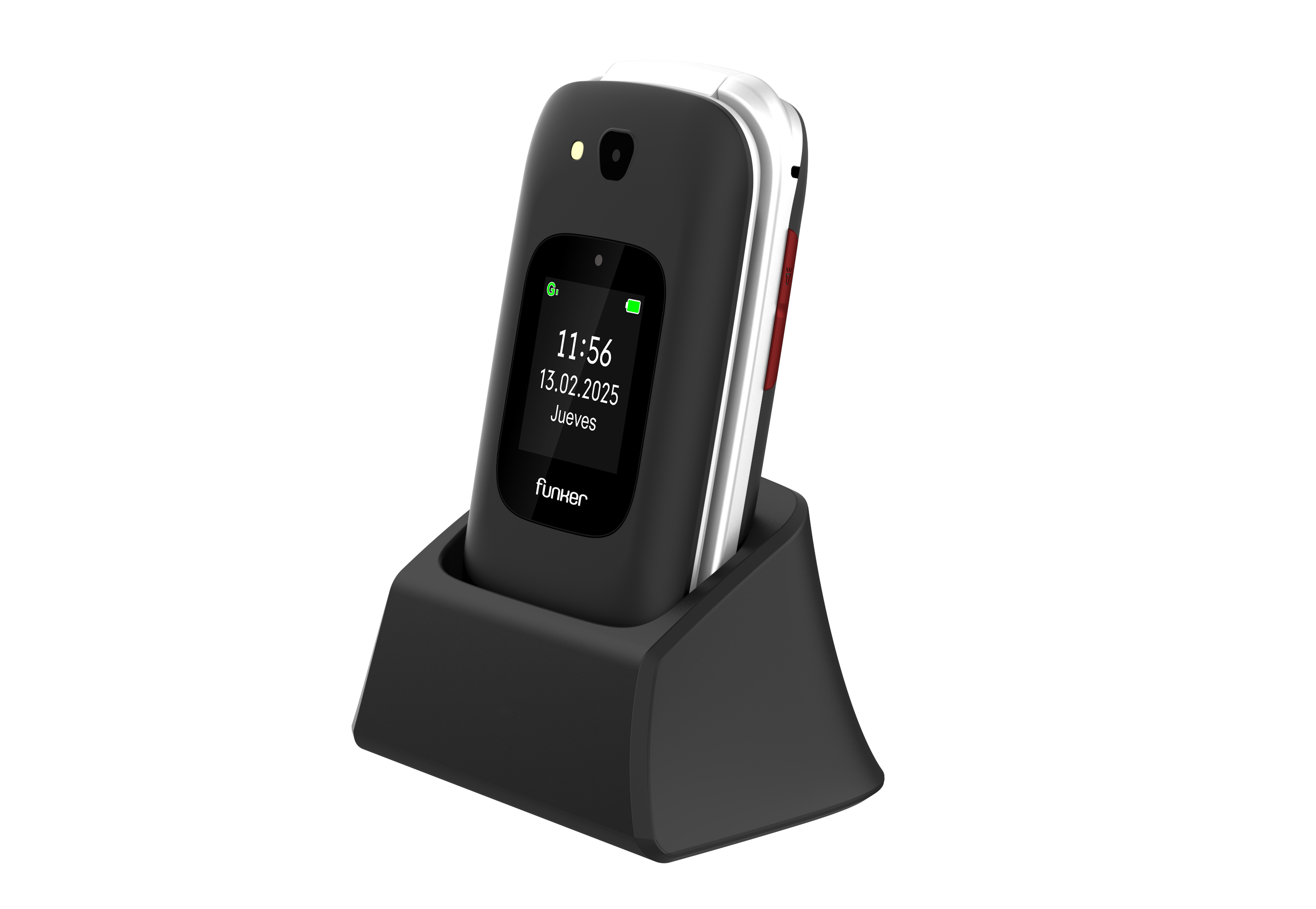 Un teléfono plegable negro en un cargador muestra la hora y la fecha. Tiene un botón lateral rojo y un icono de batería verde.