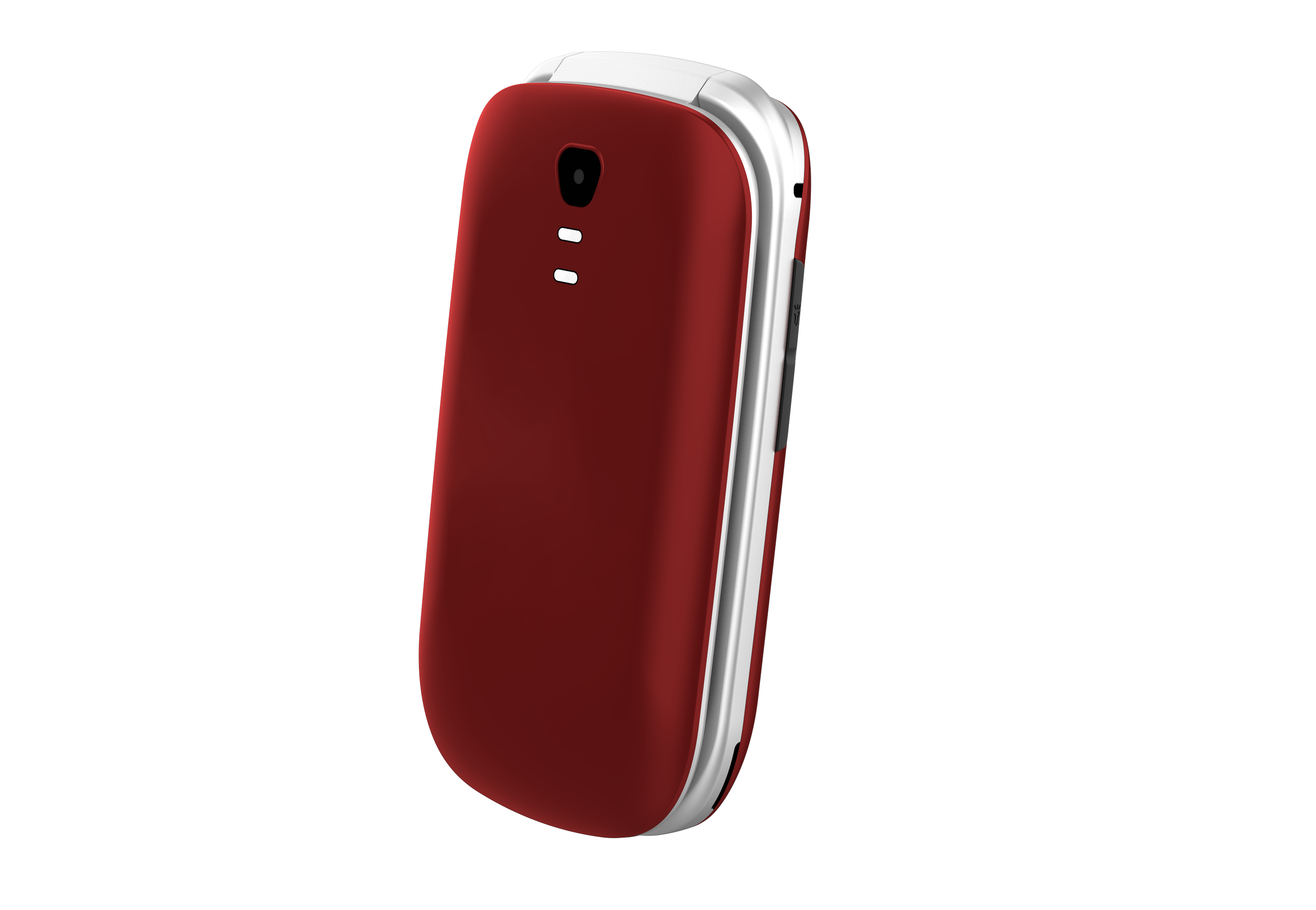 Un teléfono rojo con detalles plateados está en diagonal sobre un fondo negro.
