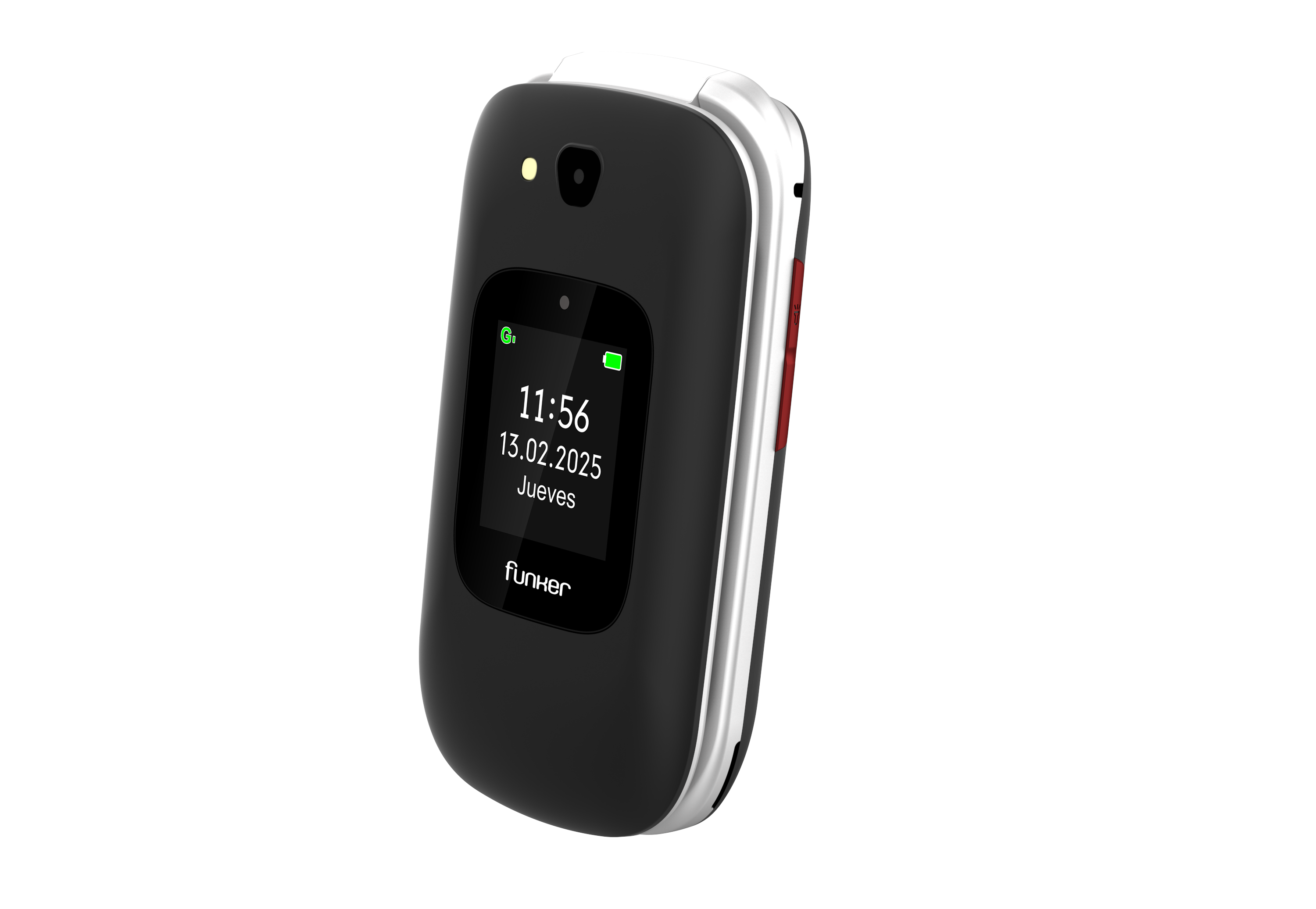 Un teléfono plegable negro con una pantalla que muestra la hora, la fecha y el día. Tiene una cámara y un botón rojo.