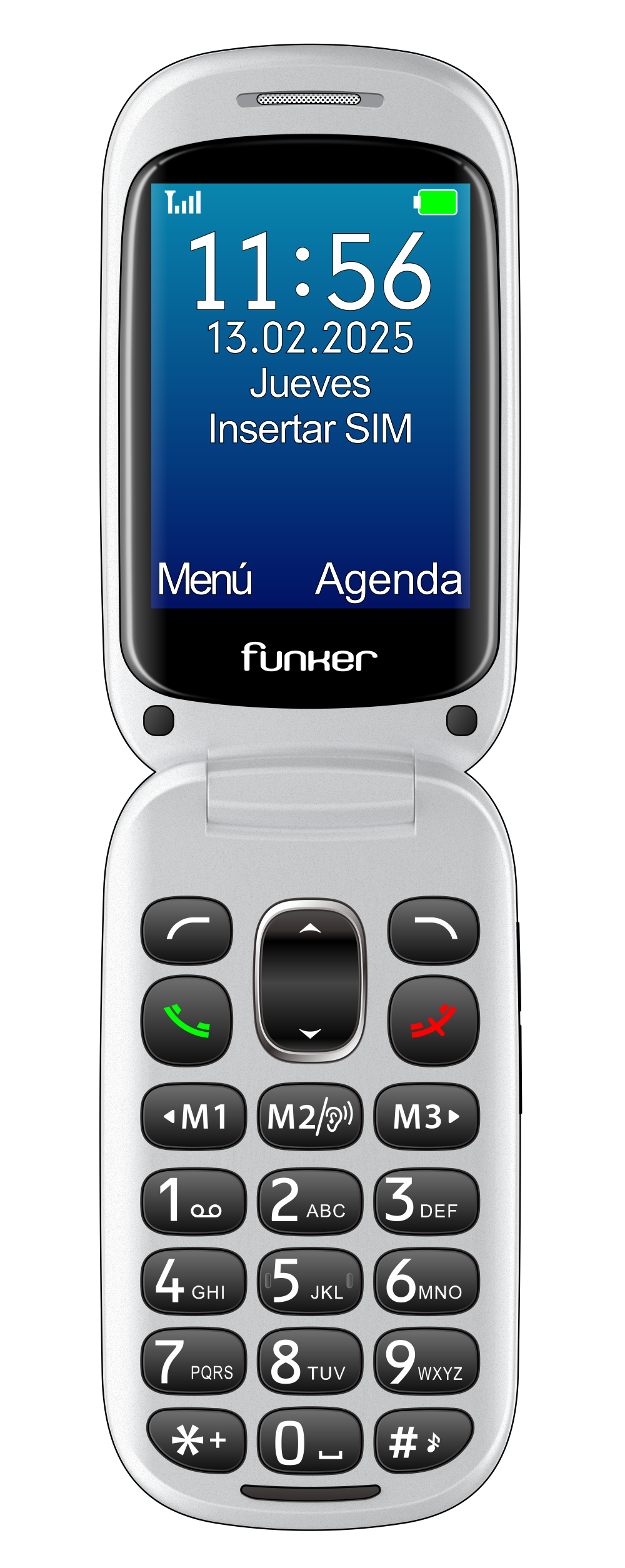 Un teléfono blanco de concha. La pantalla muestra la hora, la fecha y texto en español. Se ve el teclado con números y funciones.