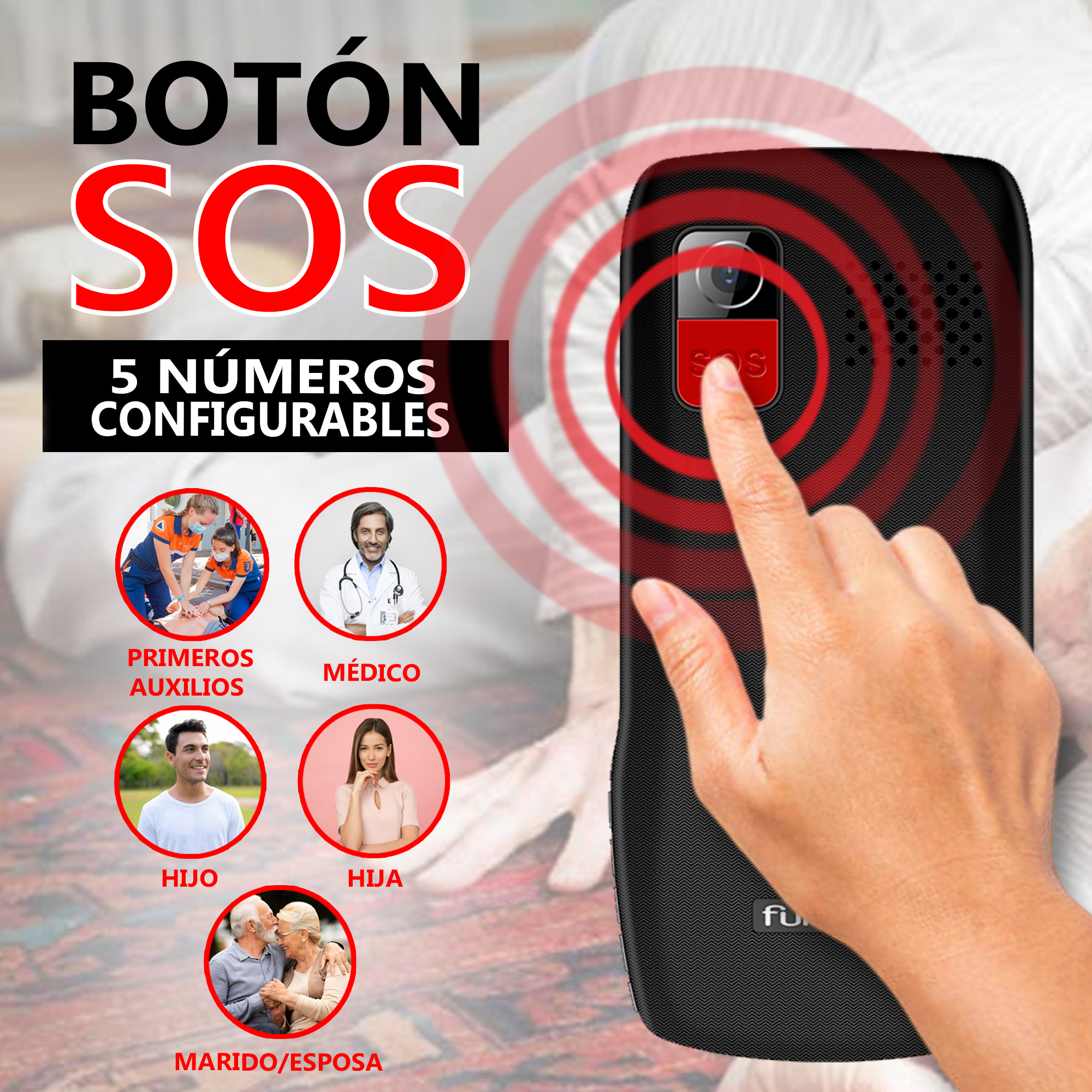 Una mano presiona un botón SOS rojo en un teléfono negro. El texto incluye 'SOS' e imágenes de contactos de emergencia.