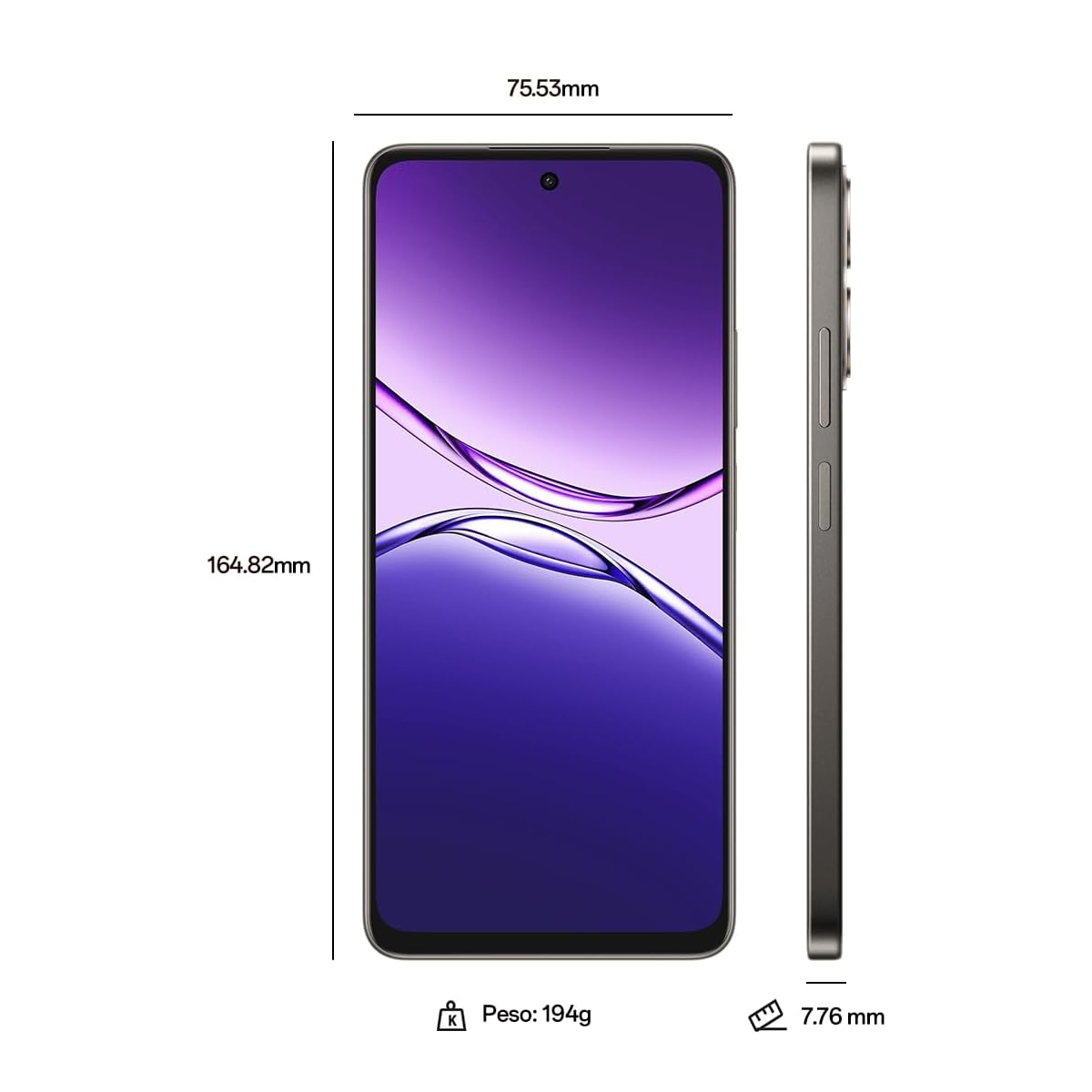 Viene visualizzato uno smartphone con dimensioni e peso, che mostra viste frontali e laterali. Schermo viola e blu con misure.