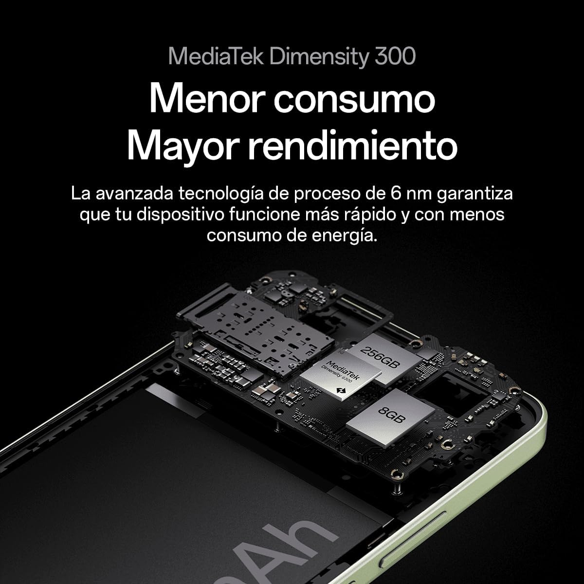Componenti del telefono con testo: 'Menor consumo Mayor rendimiento'. Chip con etichetta '256GB' e '8GB' visibili.