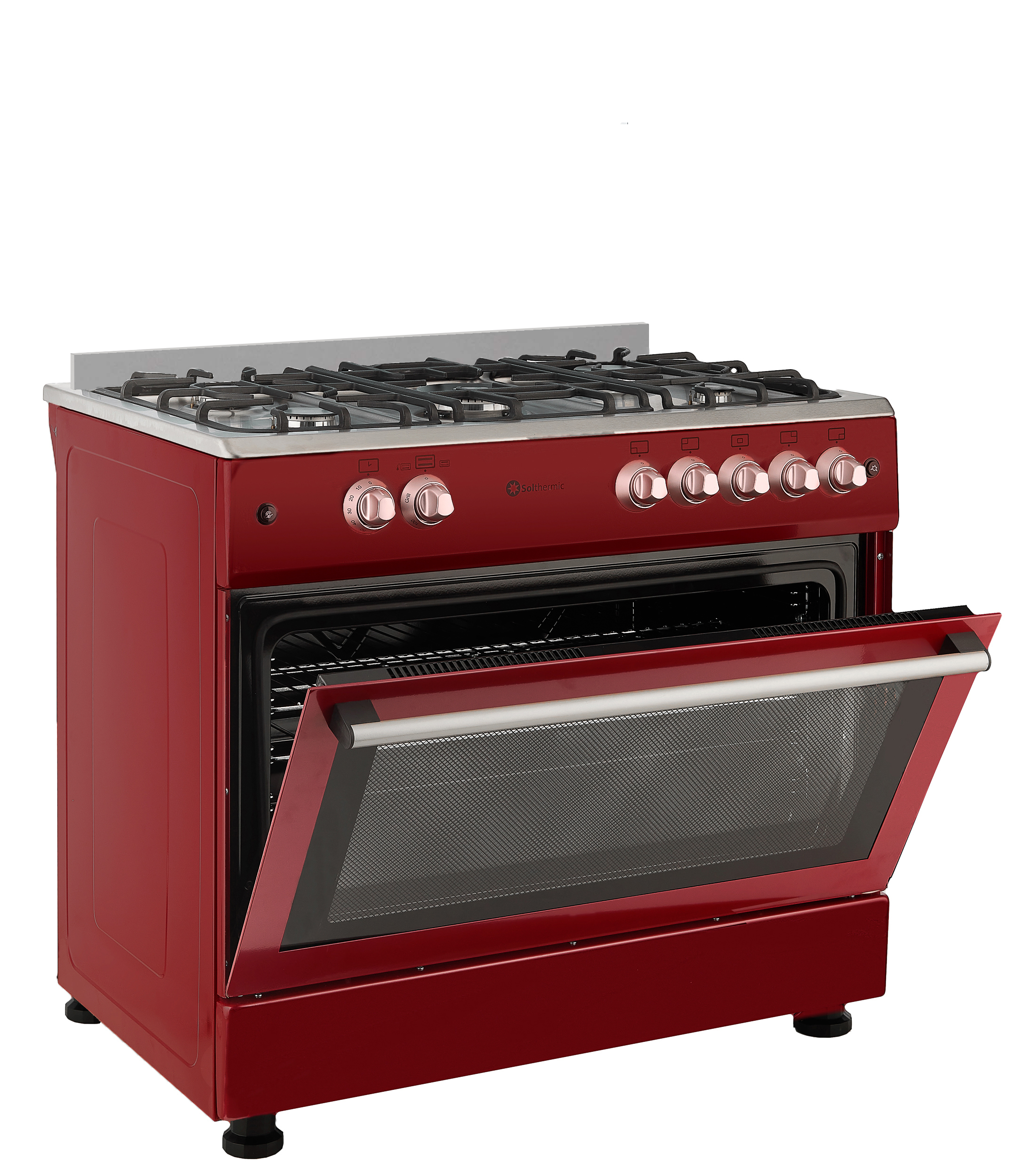 Un horno rojo Solthermic con la puerta abierta. Tiene seis quemadores y perillas doradas.