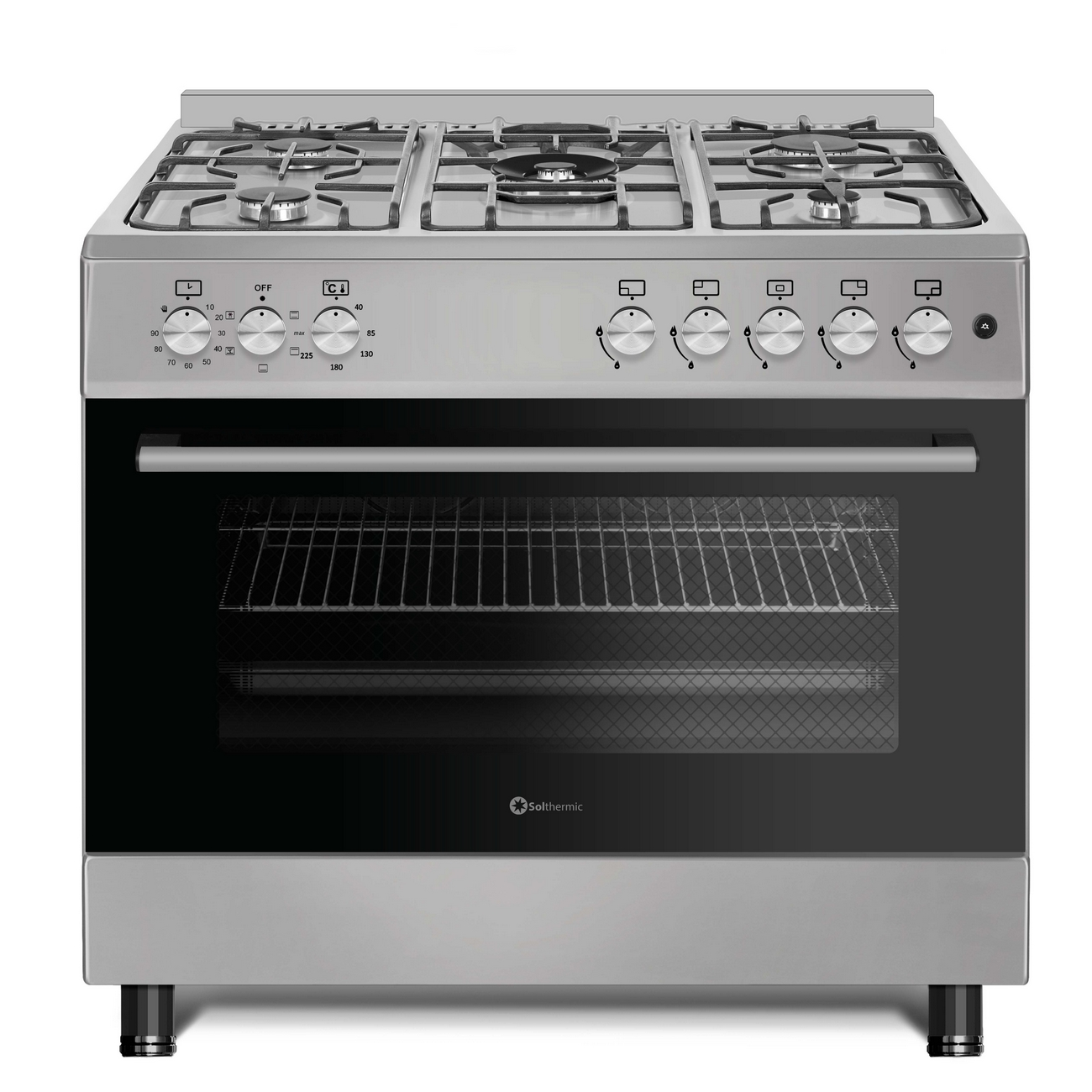 Un horno Solthermic de acero inoxidable con puerta de vidrio y una placa de gas con cinco quemadores y mandos.