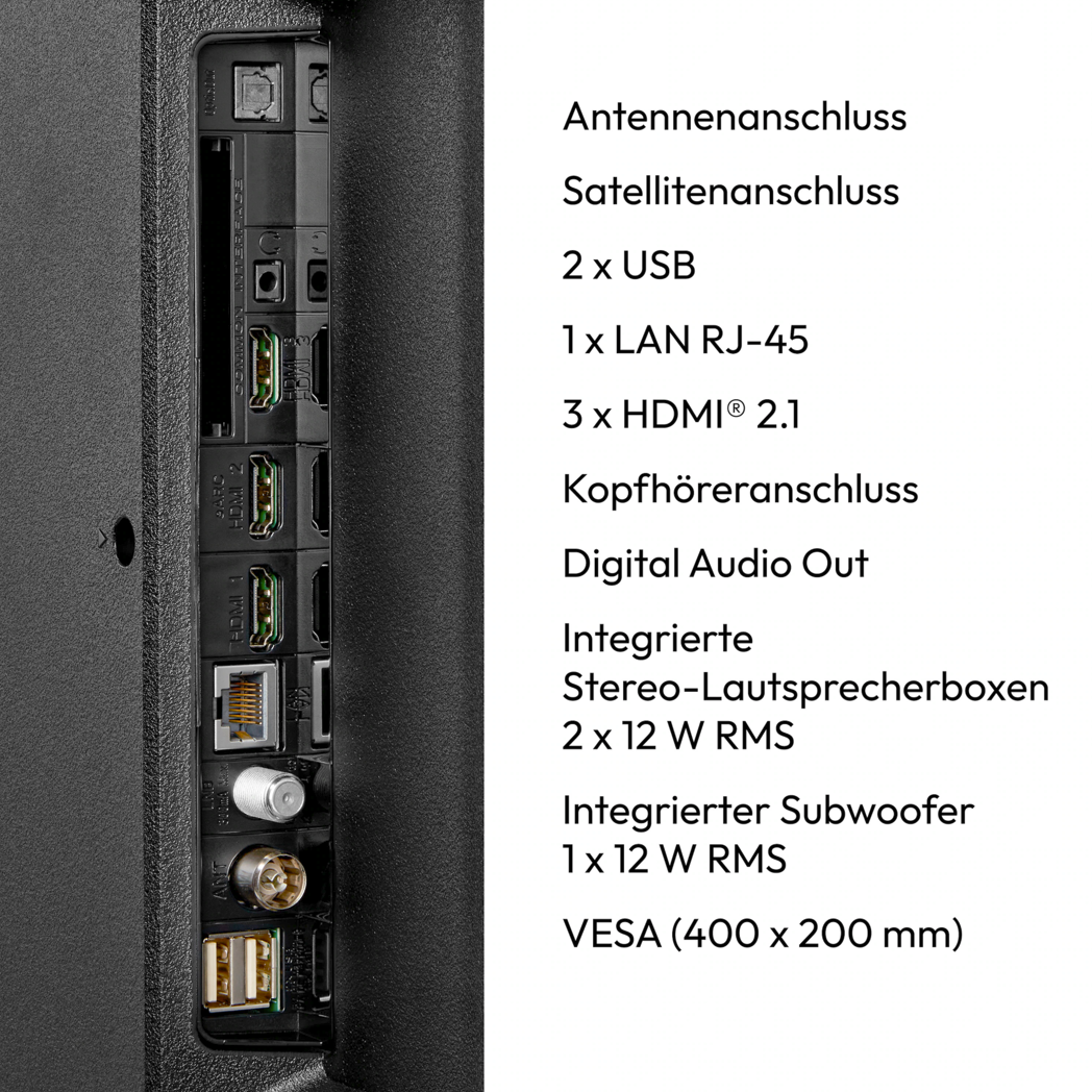 Rückseite des Fernsehers mit Anschlüssen: Antenne, Satellit, USB, LAN, HDMI, Kopfhörer, digitaler Audioausgang, und Lautsprecher.