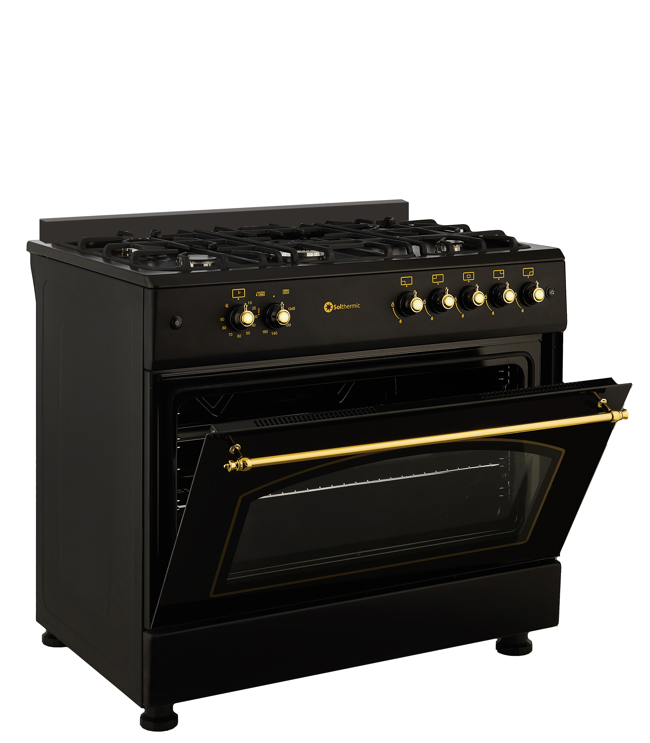 Horno negro con puerta abierta, detalles dorados y encimera de gas. Perillas y logo visibles. Aislado sobre fondo blanco.