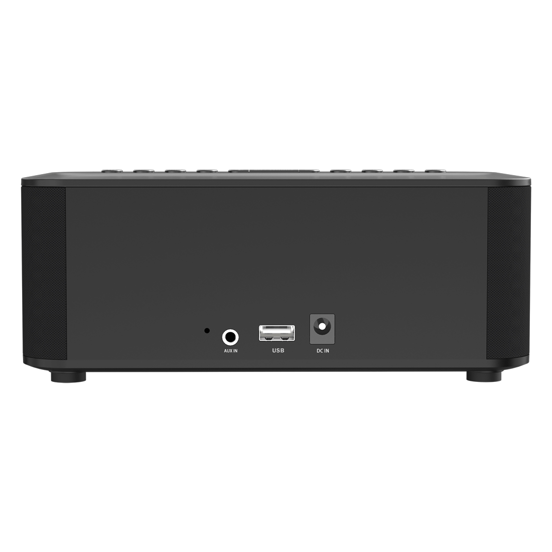 Czarny prostokątny głośnik z portami oznaczonymi AUX IN, USB i DC IN. Stoi na małych nóżkach, z teksturowanym panelem bocznym.
