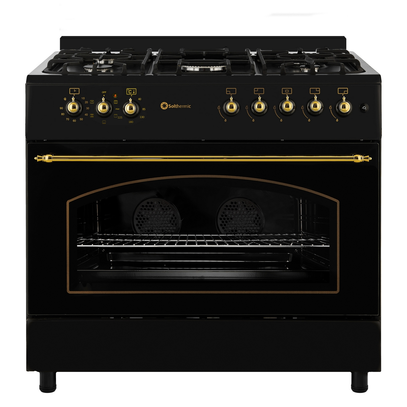 Un horno negro Solthermic con detalles dorados. Tiene una encimera, puerta de horno y perillas de control.