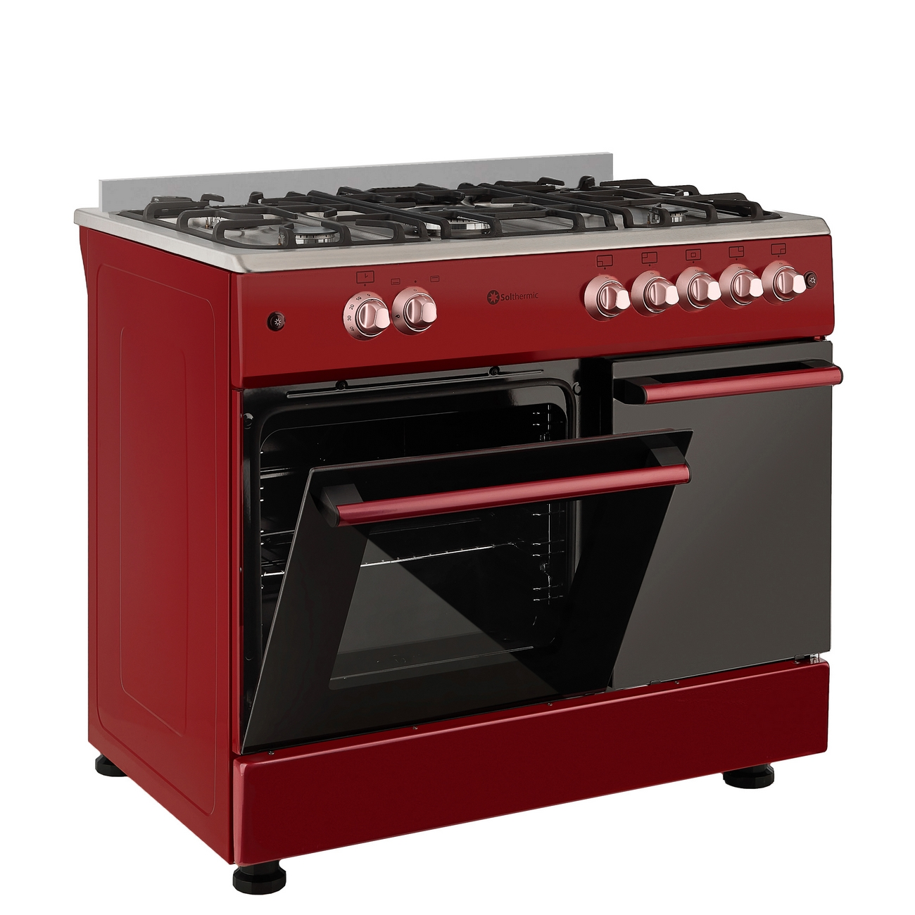 Un horno Soltherm rojo con encimera de acero inoxidable y puertas de cristal negro. Una puerta está abierta, revelando el interior.