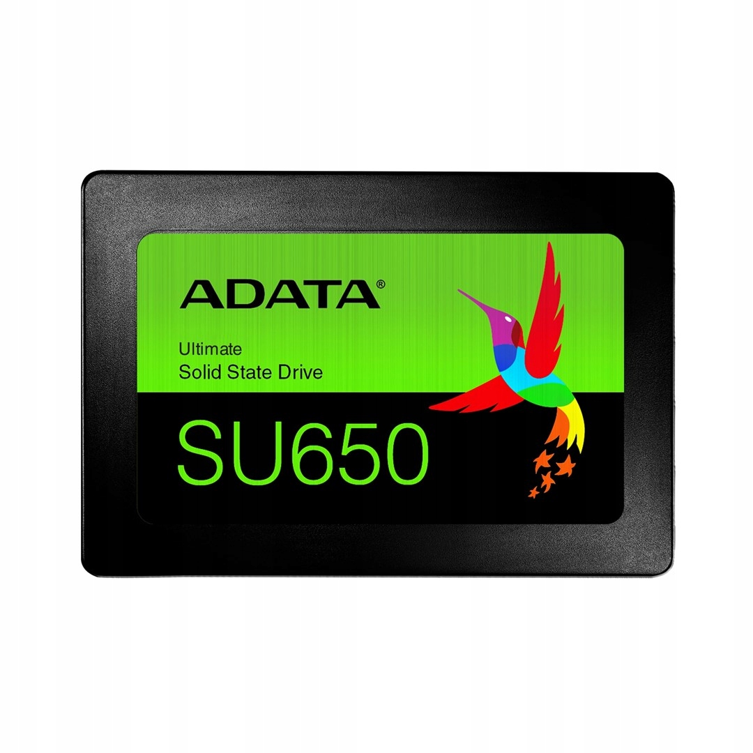 Dysk SSD ADATA SU650. Czarna kwadratowa ramka. Zielony środek z logo ADATA i kolorowym kolibrem. Tekst: Ultimate Solid State Drive.