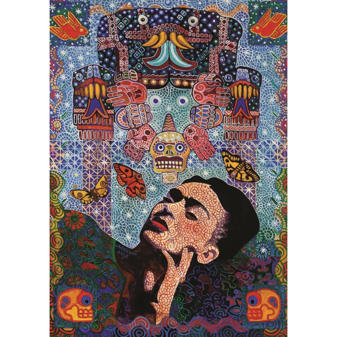 Canlı bir sanat eseri. Bir kadın yukarı bakıyor, renkli desenler, kafatasları, kelebekler ve stilize bir başlık ile çevrili.