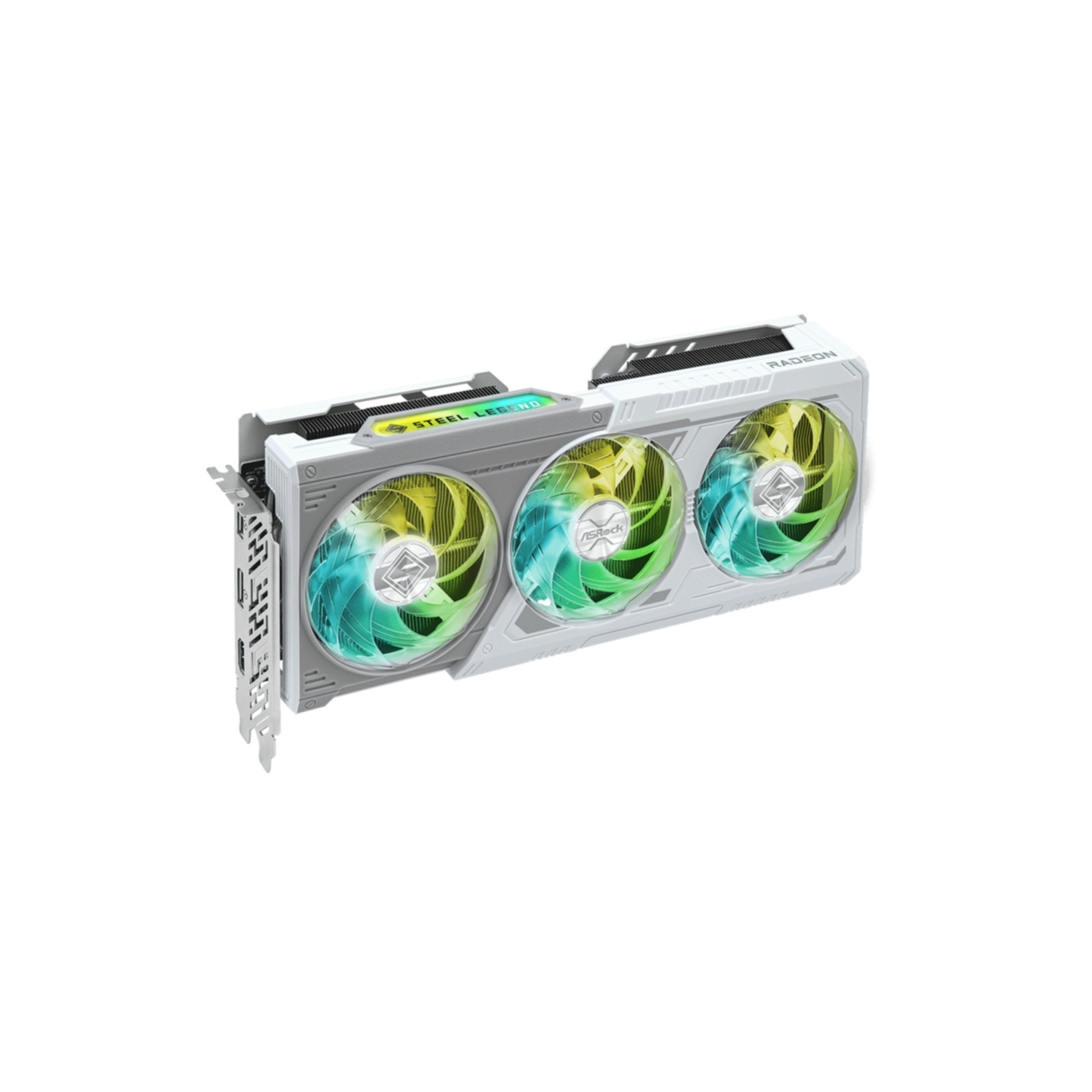 Biała i srebrna karta graficzna z trzema wentylatorami, kolorowymi światłami LED i logo Radeon.