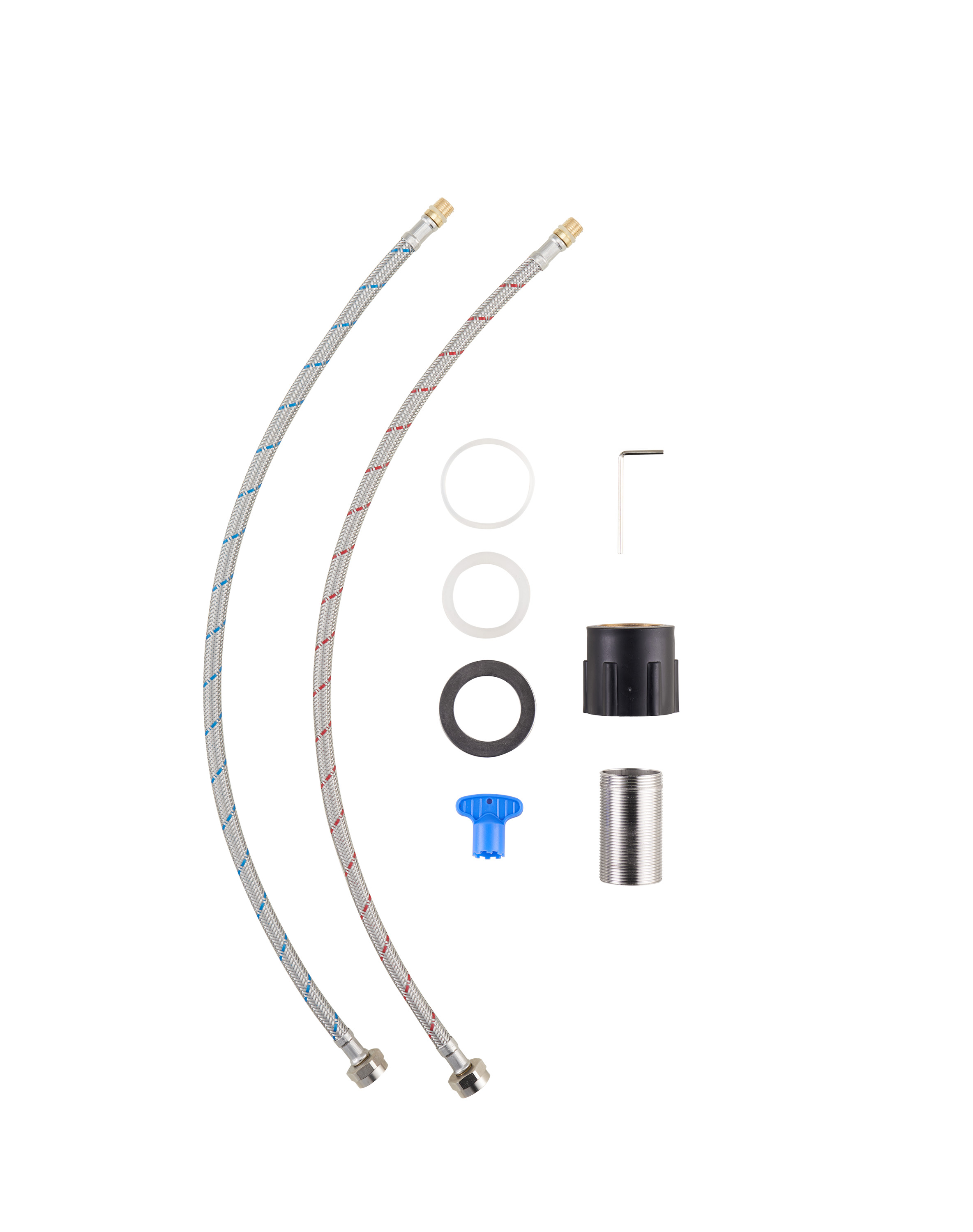 Zwei flexible Wasserschläuche, Armaturen, Unterlegscheiben, ein Inbusschlüssel und Sanitärkomponenten.