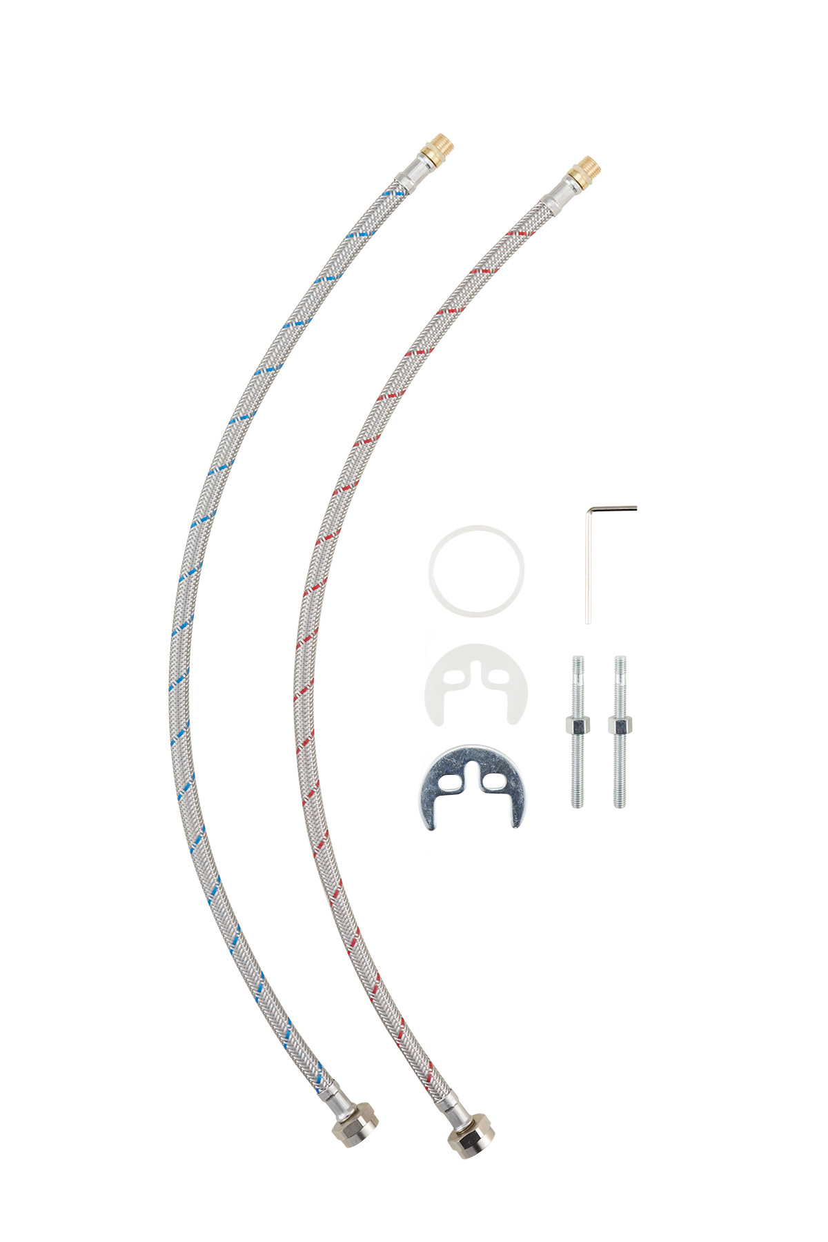 Zwei flexible Wasserschläuche, Armaturen und einige kleine Hardwareteile sind auf weißem Hintergrund angeordnet.