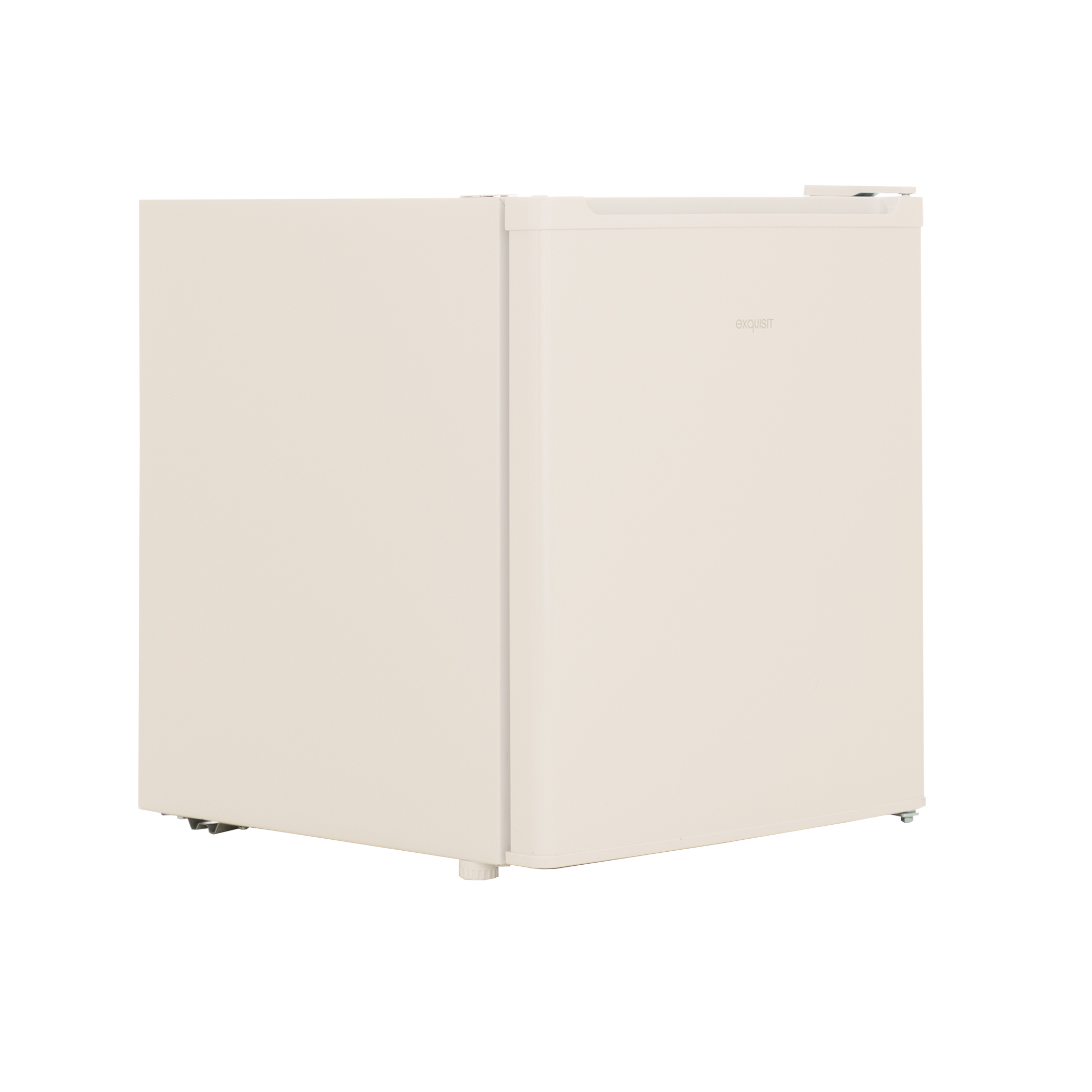 A beige mini-fridge is shown on a white background. It has a single door, a handle, and the brand name 'exquisit'.