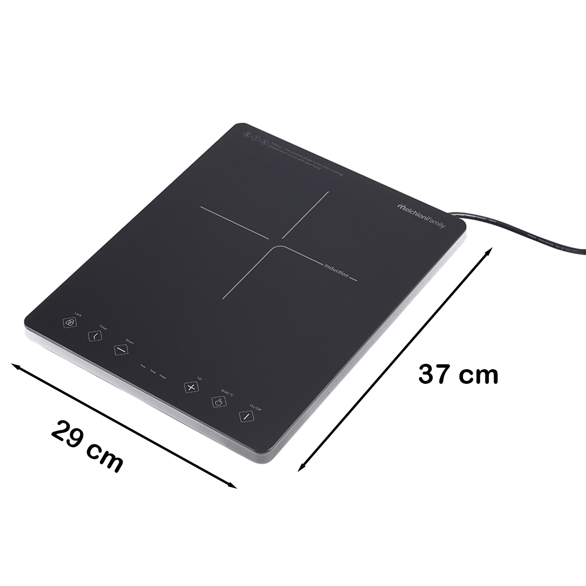 Czarna płyta indukcyjna o wymiarach 29cm x 37cm. Posiada przyciski sterowania, symbol strefy indukcyjnej i przewód zasilający.