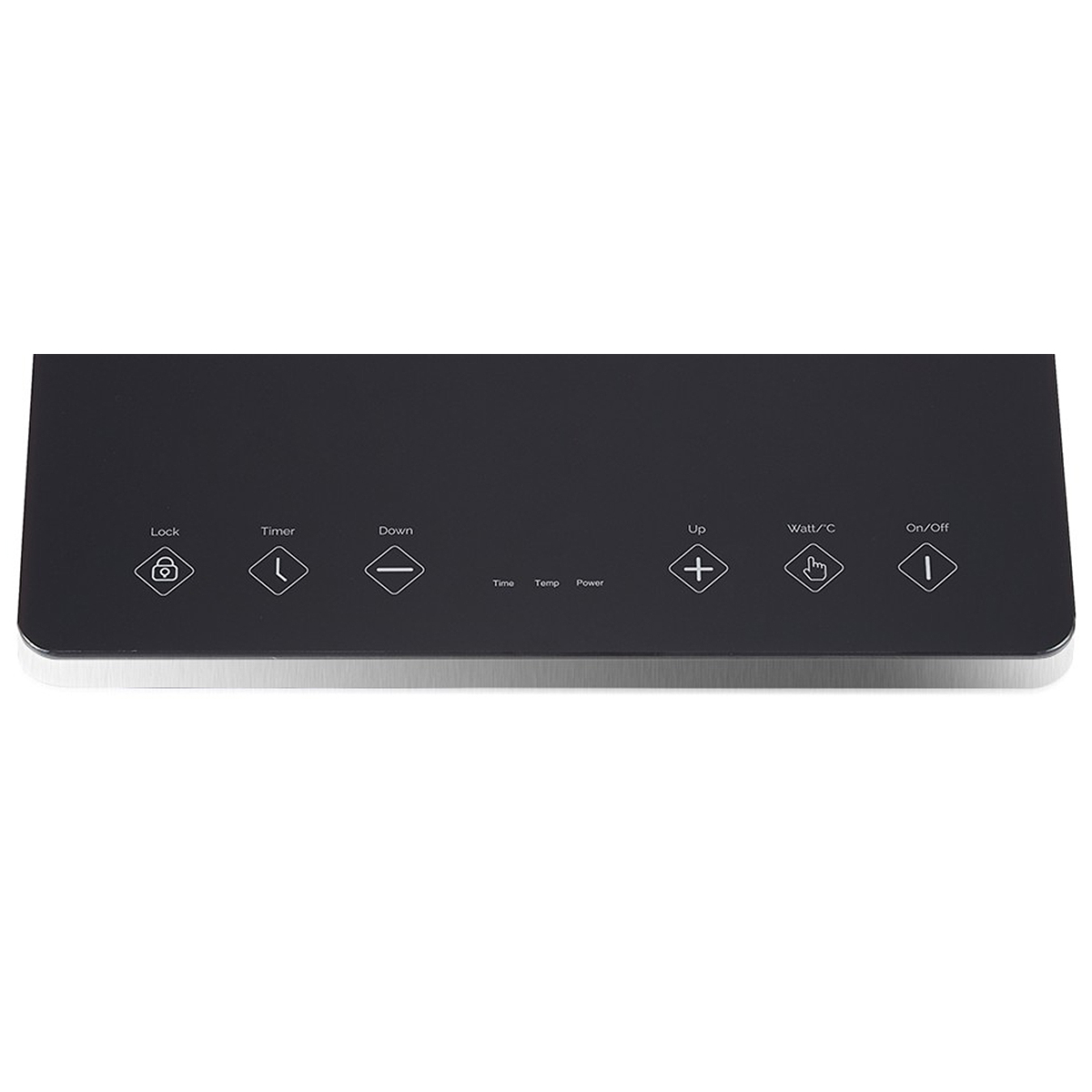 Czarny panel sterowania płyty indukcyjnej z symbolami blokady, timera, w dół, w górę, watów/C i włącz/wyłącz. Srebrna ramka na białym tle.