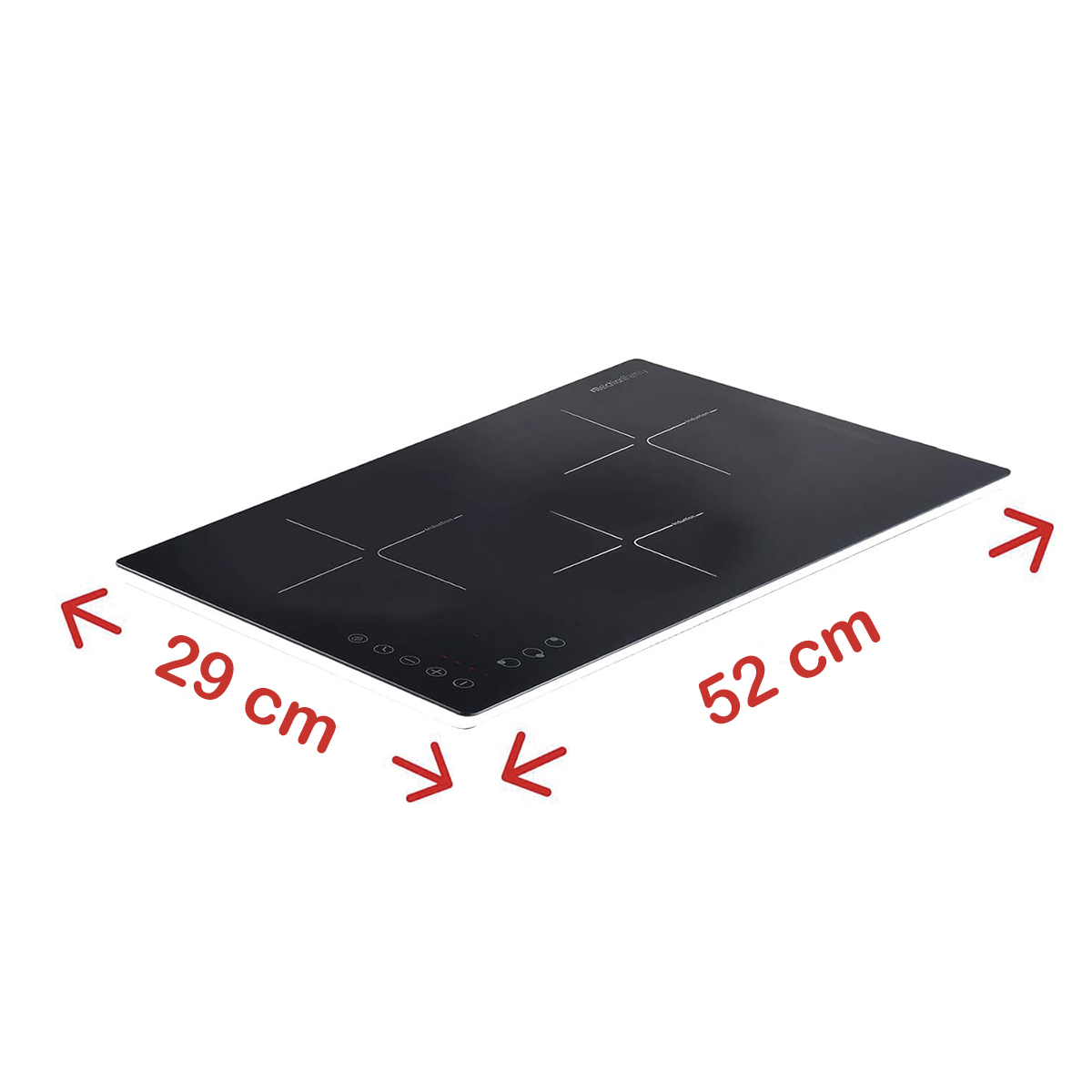 Czarna płyta indukcyjna z białymi krawędziami. Wymiary: 29 cm x 52 cm. Posiada sterowanie dotykowe i cztery strefy gotowania.