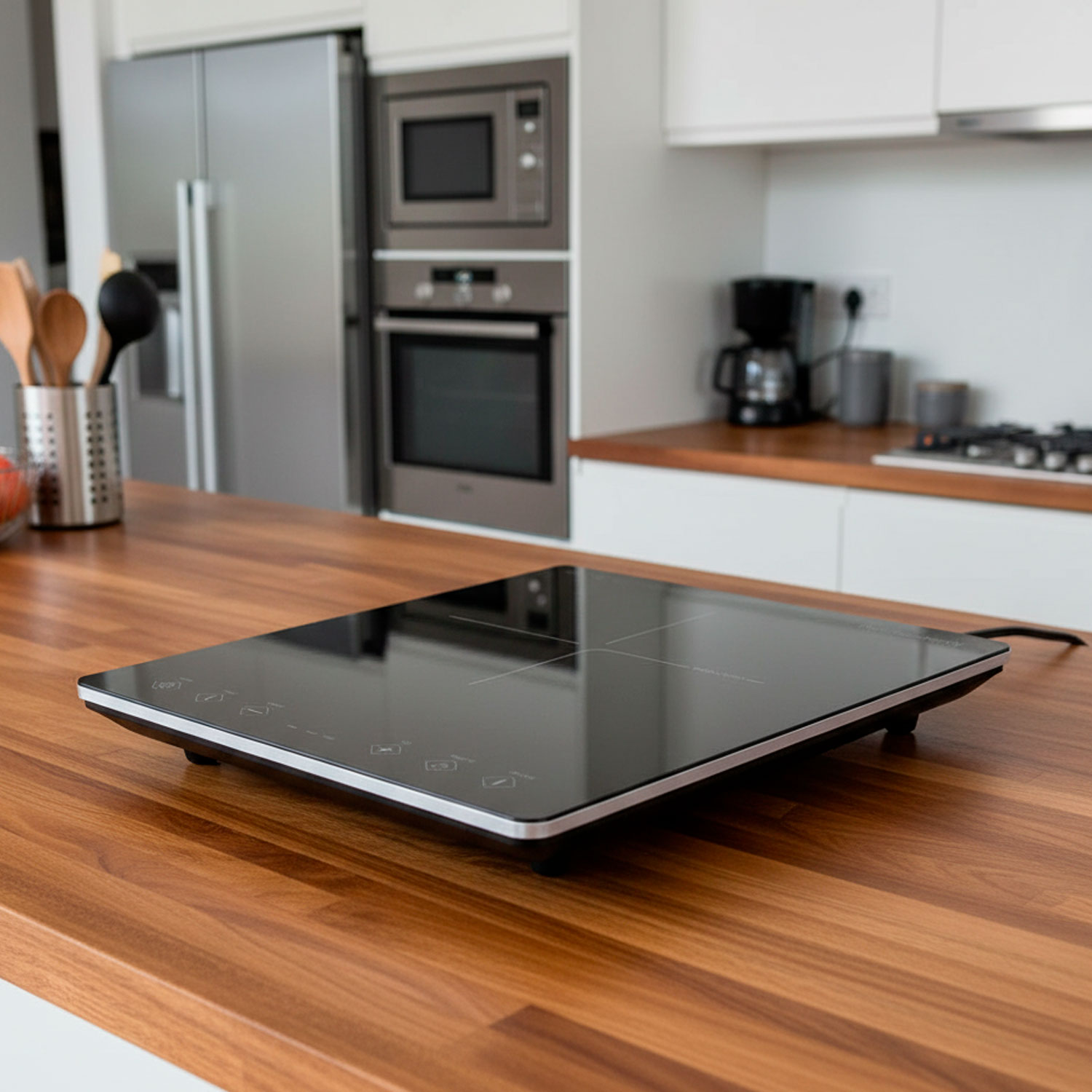 Scena kuchenna z czarną płytą indukcyjną na drewnianym blacie. W tle lodówka, kuchenka mikrofalowa i piekarnik.