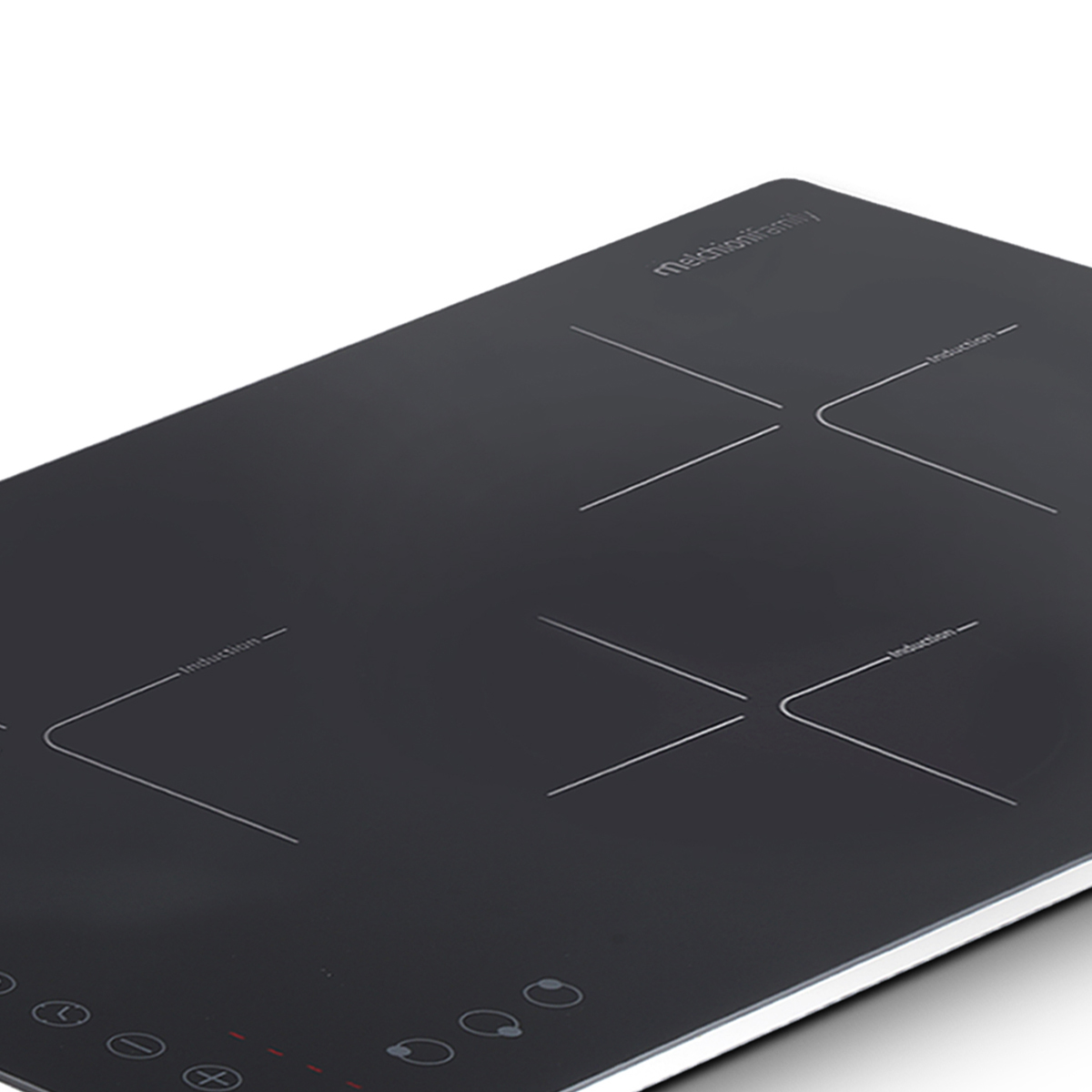 Czarna płyta indukcyjna z czterema strefami grzewczymi. Każda strefa jest oznaczona białymi liniami. Płyta ma przyciski sterowania.