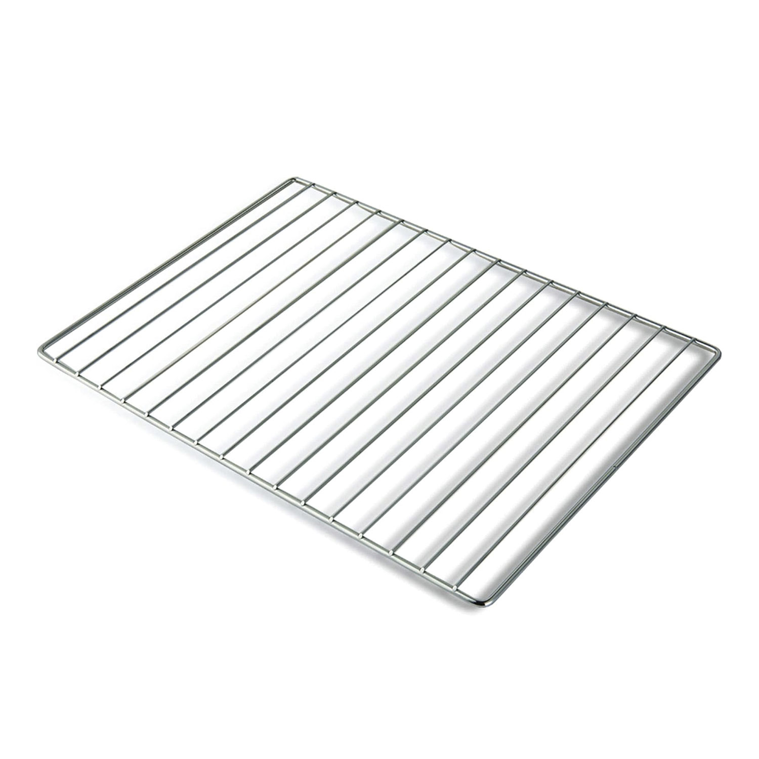 Prostokątna metalowa kratka do piekarnika na białym tle. Ma równoległe poziome pręty i metalową ramę.