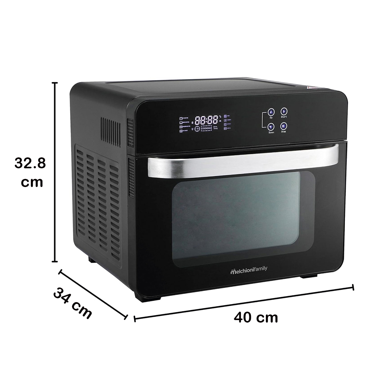 Un horno freidora de aire negro con pantalla digital y botones de control. Dimensiones: 32,8 cm alto, 34 cm ancho y 40 cm largo.