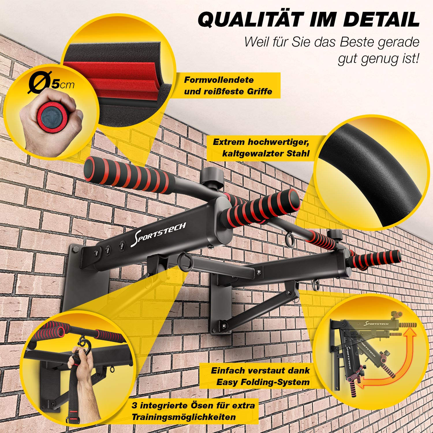 An der Wand montierte Klimmzugstange mit schwarzem Rahmen, rot-schwarzen Griffen und gelben Akzenten. Merkmale sind Klappsystem und Ösen.