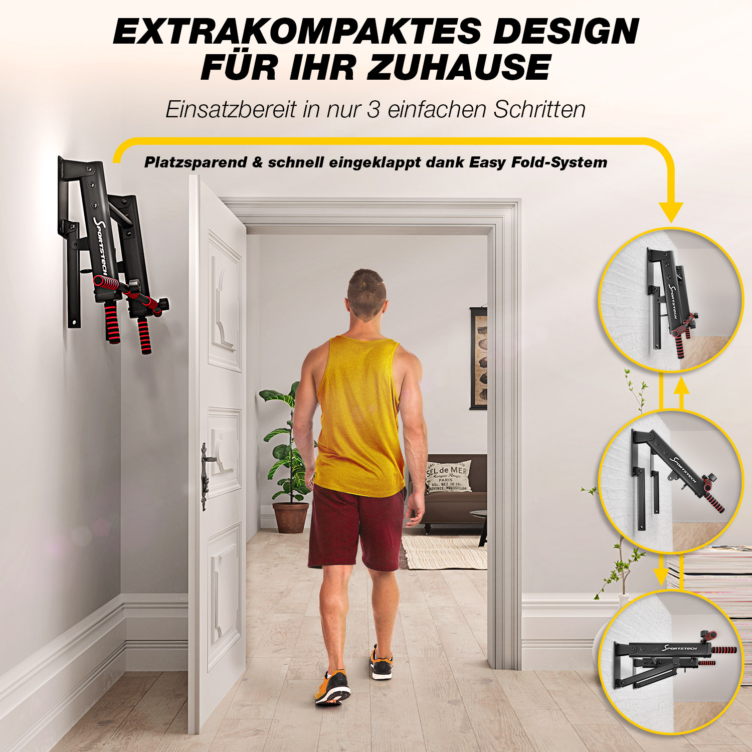 Ein Mann geht durch eine Tür, vorbei an Wand-Trainingsgeräten. Text wirbt für kompaktes Design und einfaches Zusammenklappen.