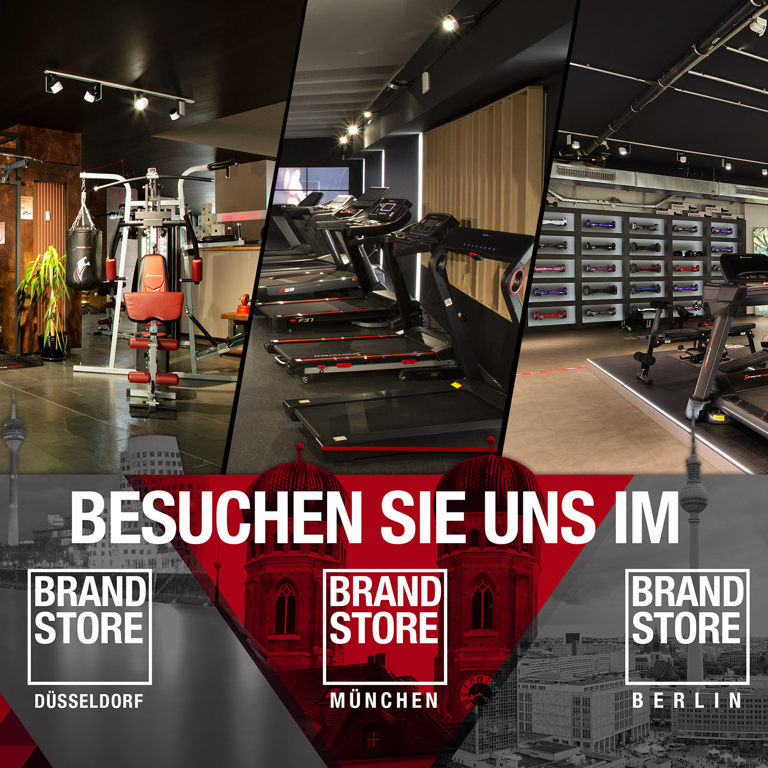 Fitnessstudio mit Trainingsgeräten, Laufbändern und verschiedener Ausrüstung. Markenstandorte in Düsseldorf, München und Berlin.
