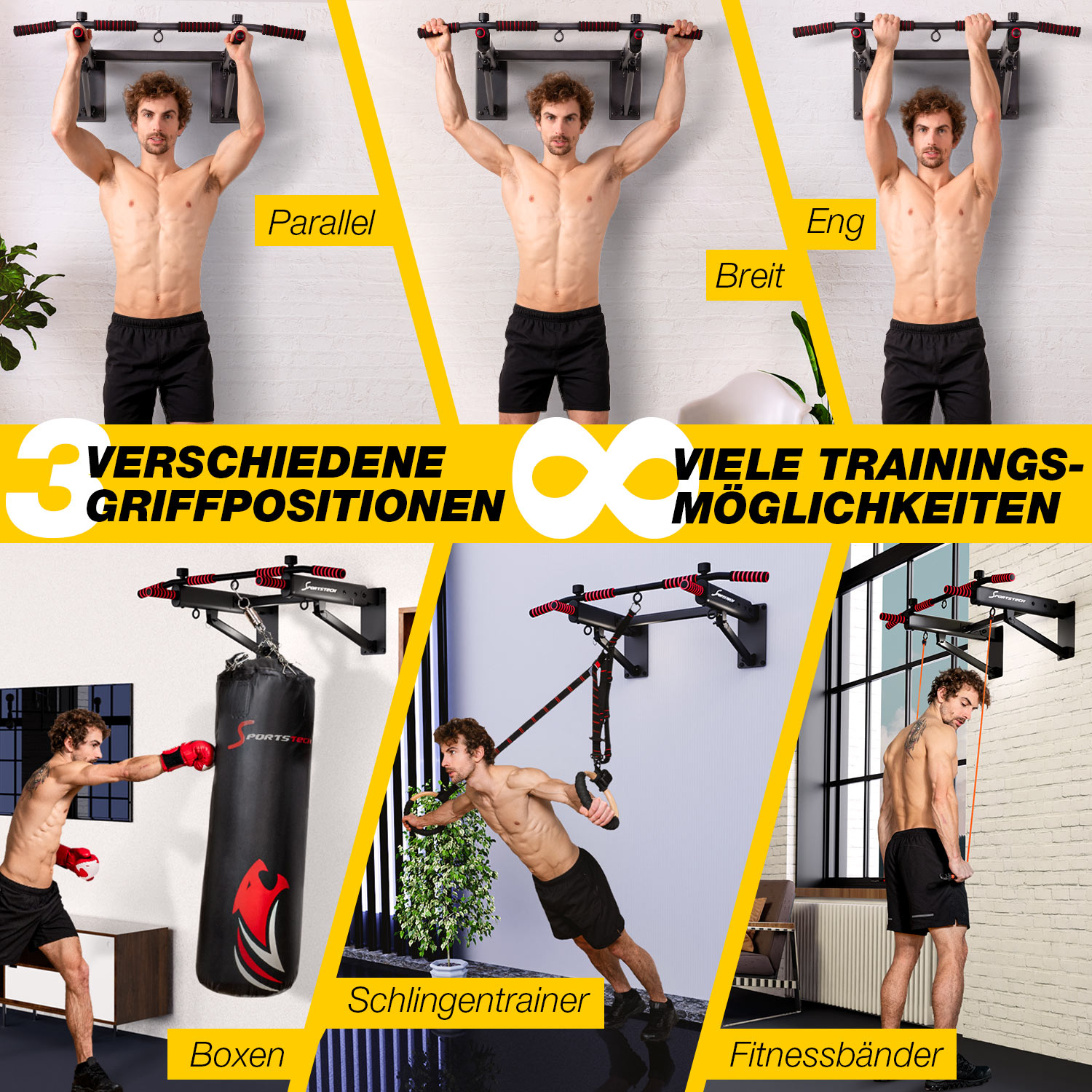 Das Bild zeigt verschiedene Trainingspositionen mit einer Klimmzugstange, einem Boxsack, einem Schlingentrainer und Fitnessbändern. Verschiedene Griffpositionen werden gezeigt.