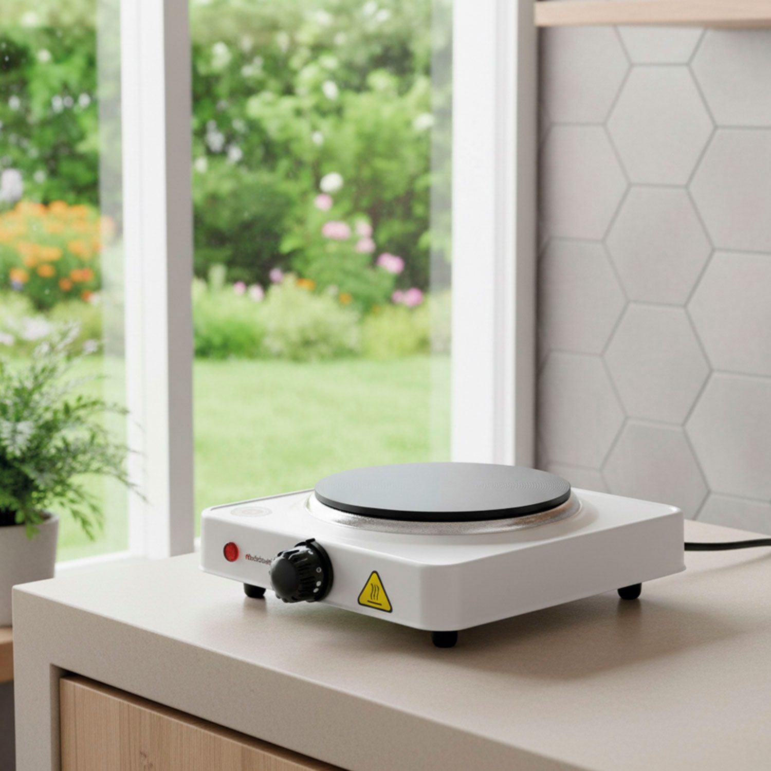 Biała elektryczna płyta grzejna na blacie. Okno pokazuje zieleń. Mała roślina po lewej stronie.