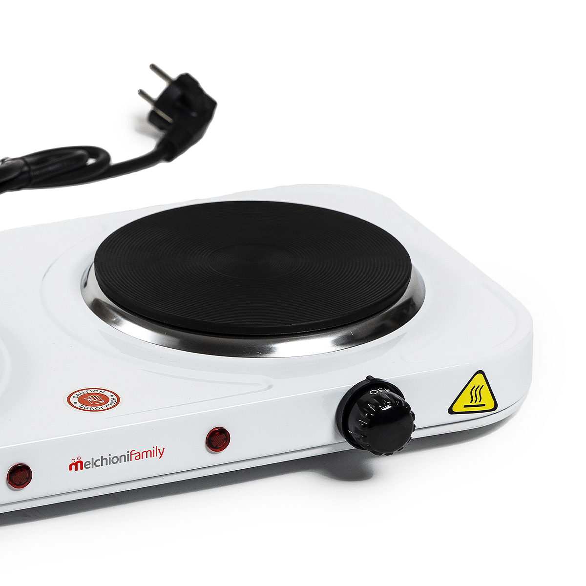 Biała kuchenka elektryczna z dwoma czarnymi elementami grzejnymi, czarnym pokrętłem i wtyczką. Kuchenka posiada kontrolki i symbole ostrzegawcze.