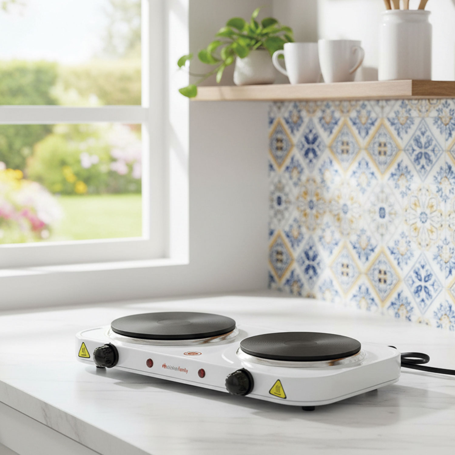 Biała przenośna kuchenka z dwoma czarnymi palnikami stoi na białym blacie. W tle okno i półka z filiżankami.